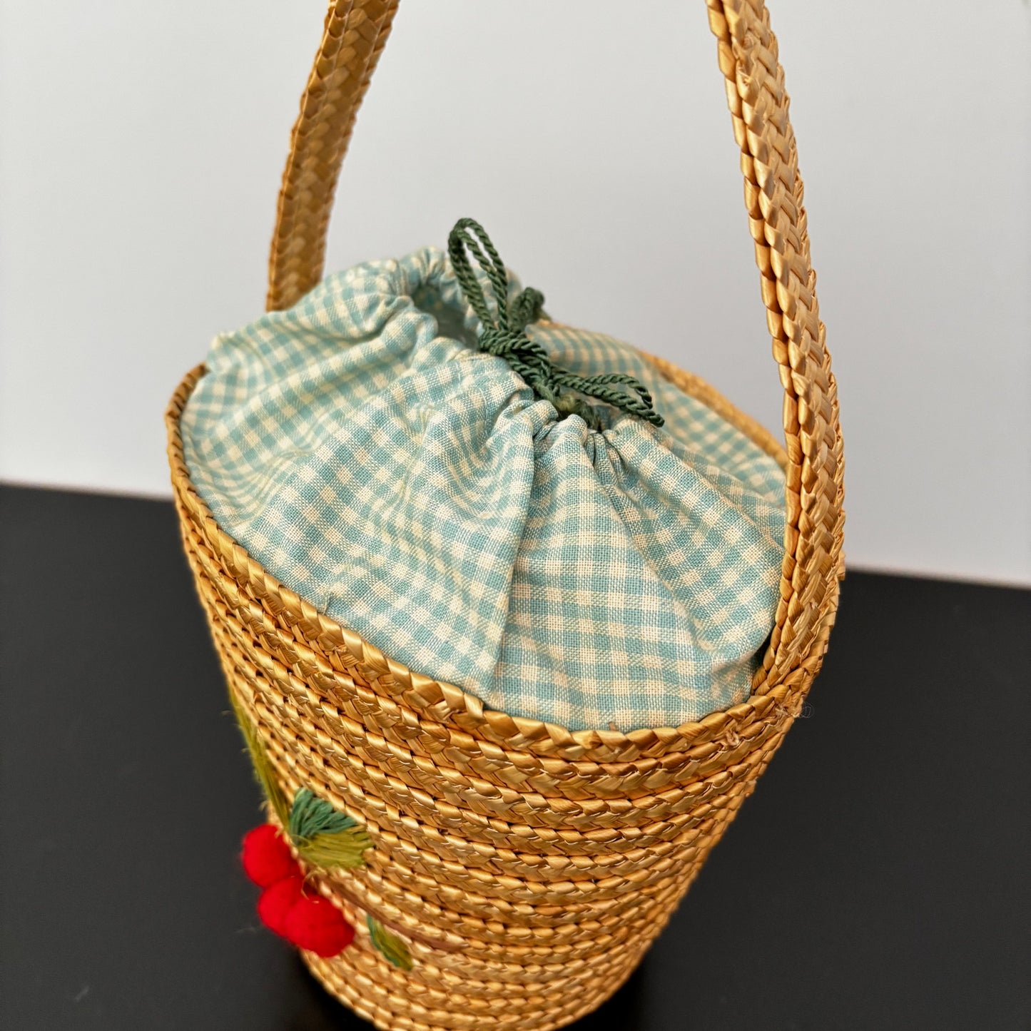 Vintage 1950s Straw Bucket Bag with Cherry Appliqué
