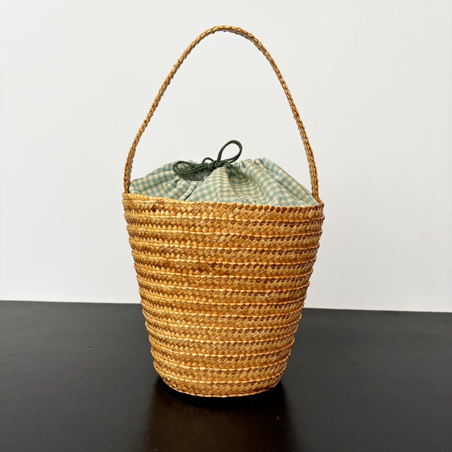 Vintage 1950s Straw Bucket Bag with Cherry Appliqué