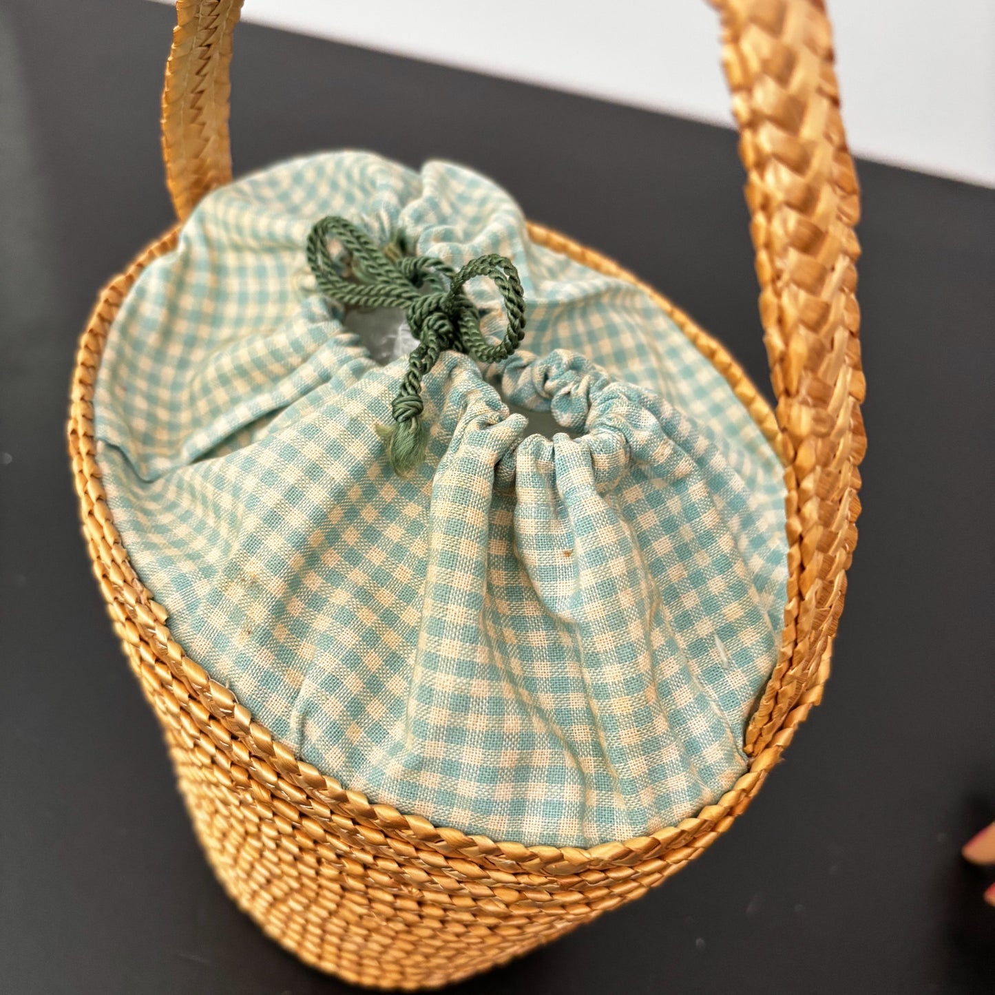 Vintage 1950s Straw Bucket Bag with Cherry Appliqué