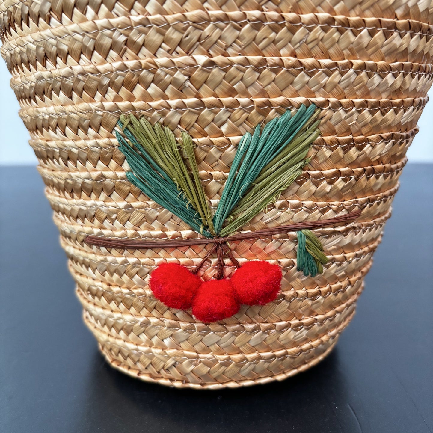 Vintage 1950s Straw Bucket Bag with Cherry Appliqué