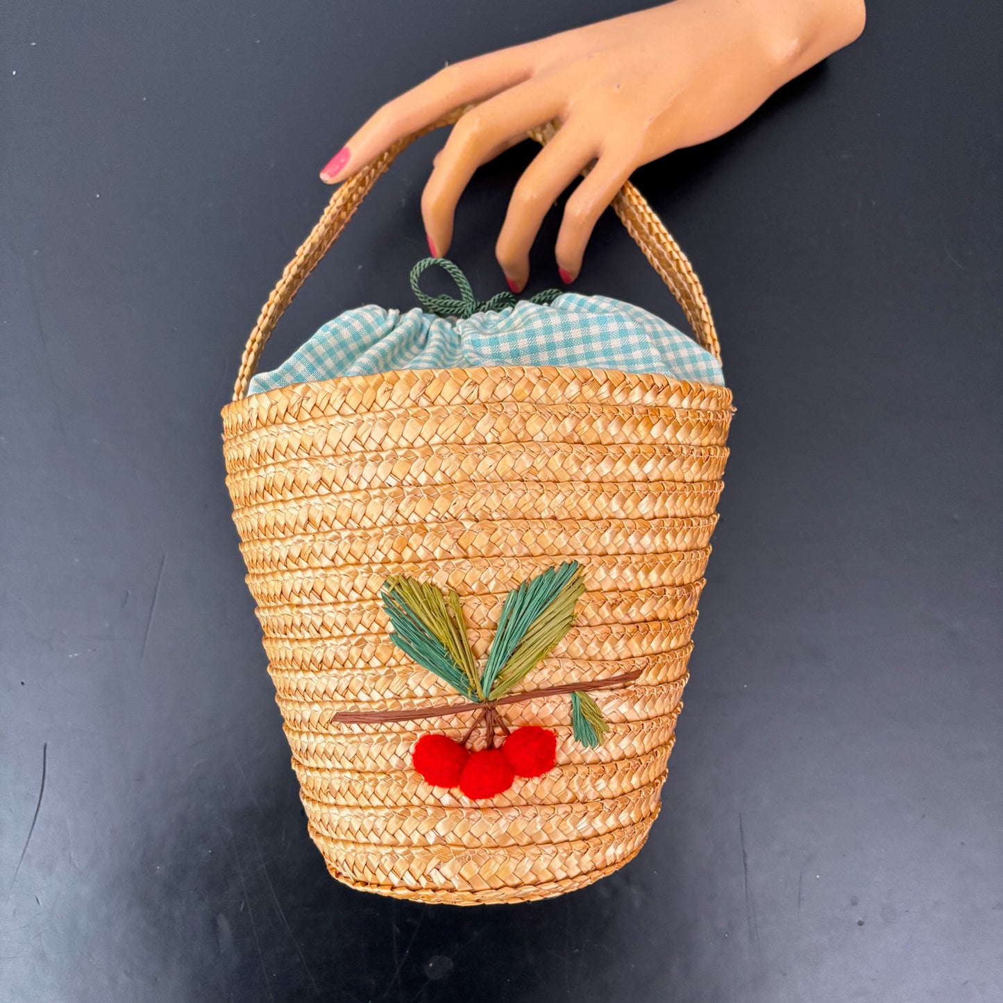 Vintage 1950s Straw Bucket Bag with Cherry Appliqué