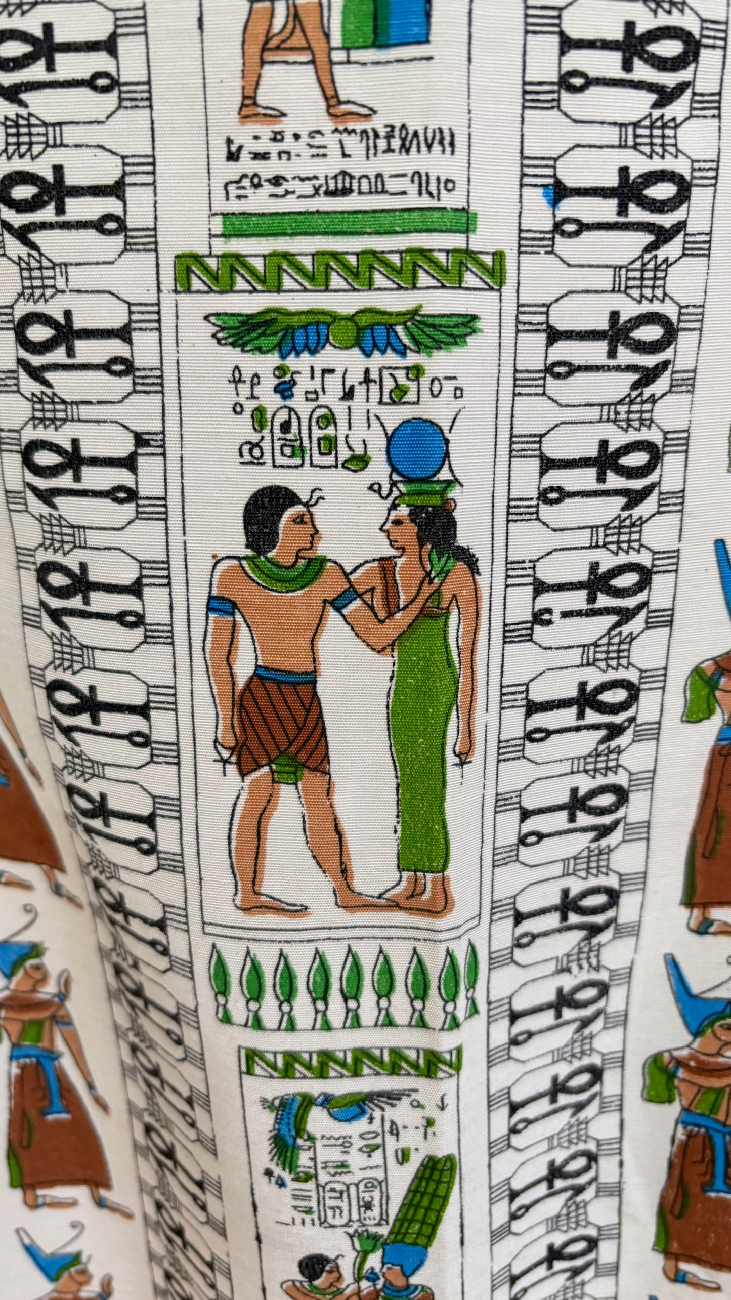 S | 1950s Style Egyptian Novelty Print Faille Wiggle Dress
