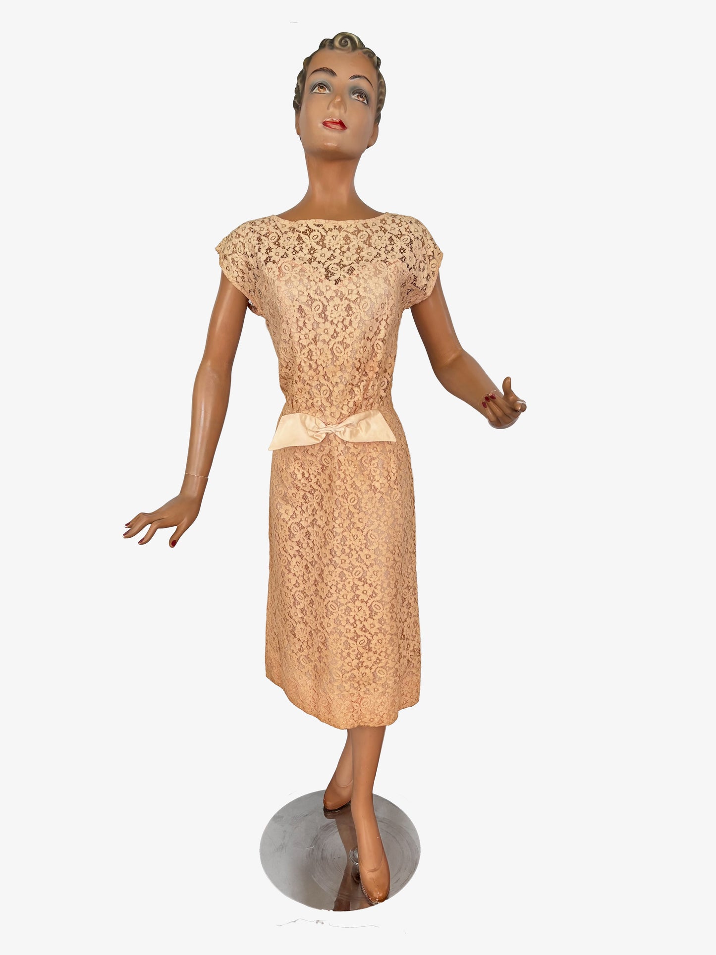 XS/S | 1950s Champagne Lace Dress With Satin Bow and Keyhole Back