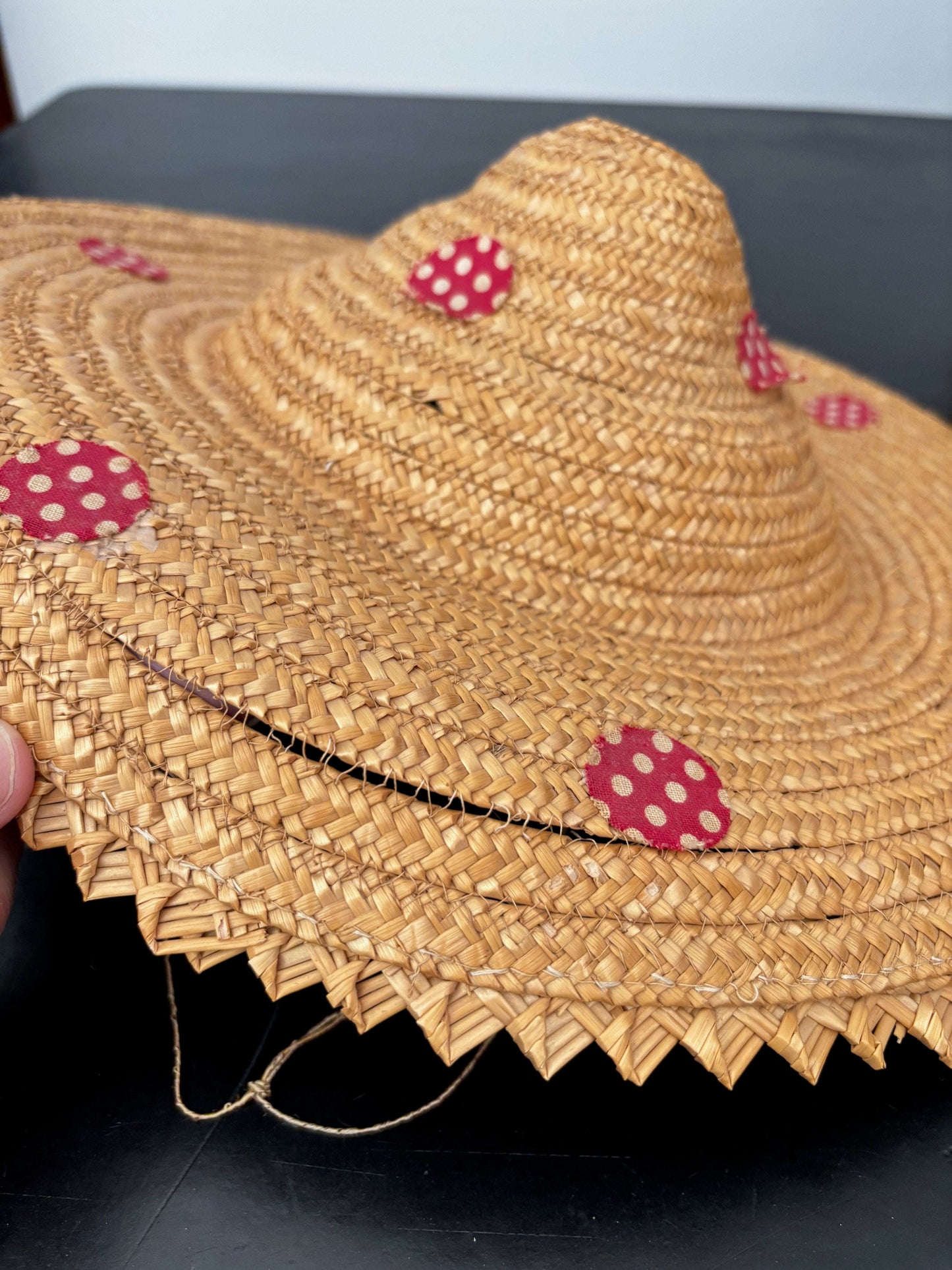 1950s Straw Sun Hat With Red Polka Dot Trim Lily Scarlet