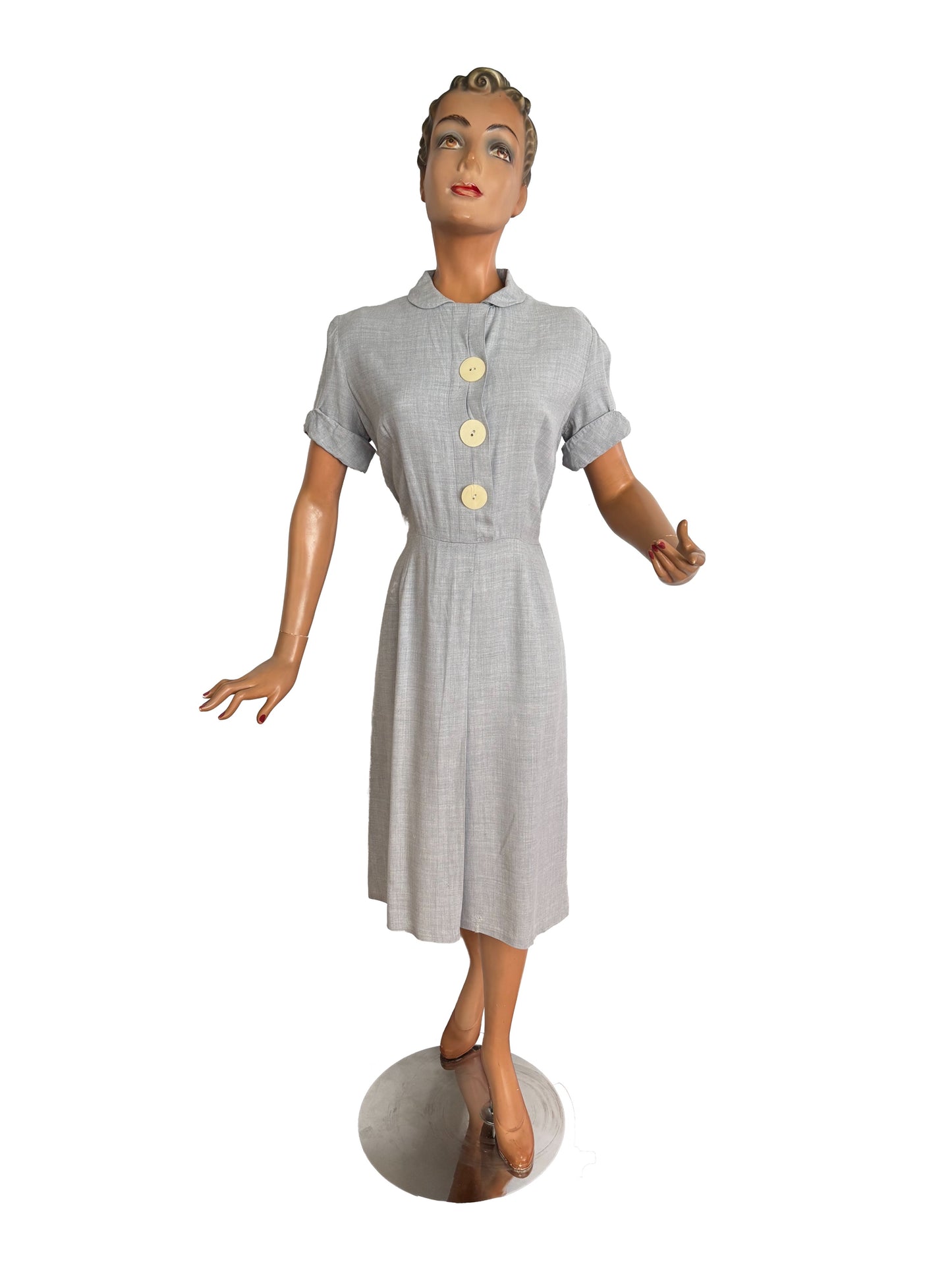 1940s/50s Hobbies Lorch of Dallas Light Blue Grey Wool Day Dress | S/M