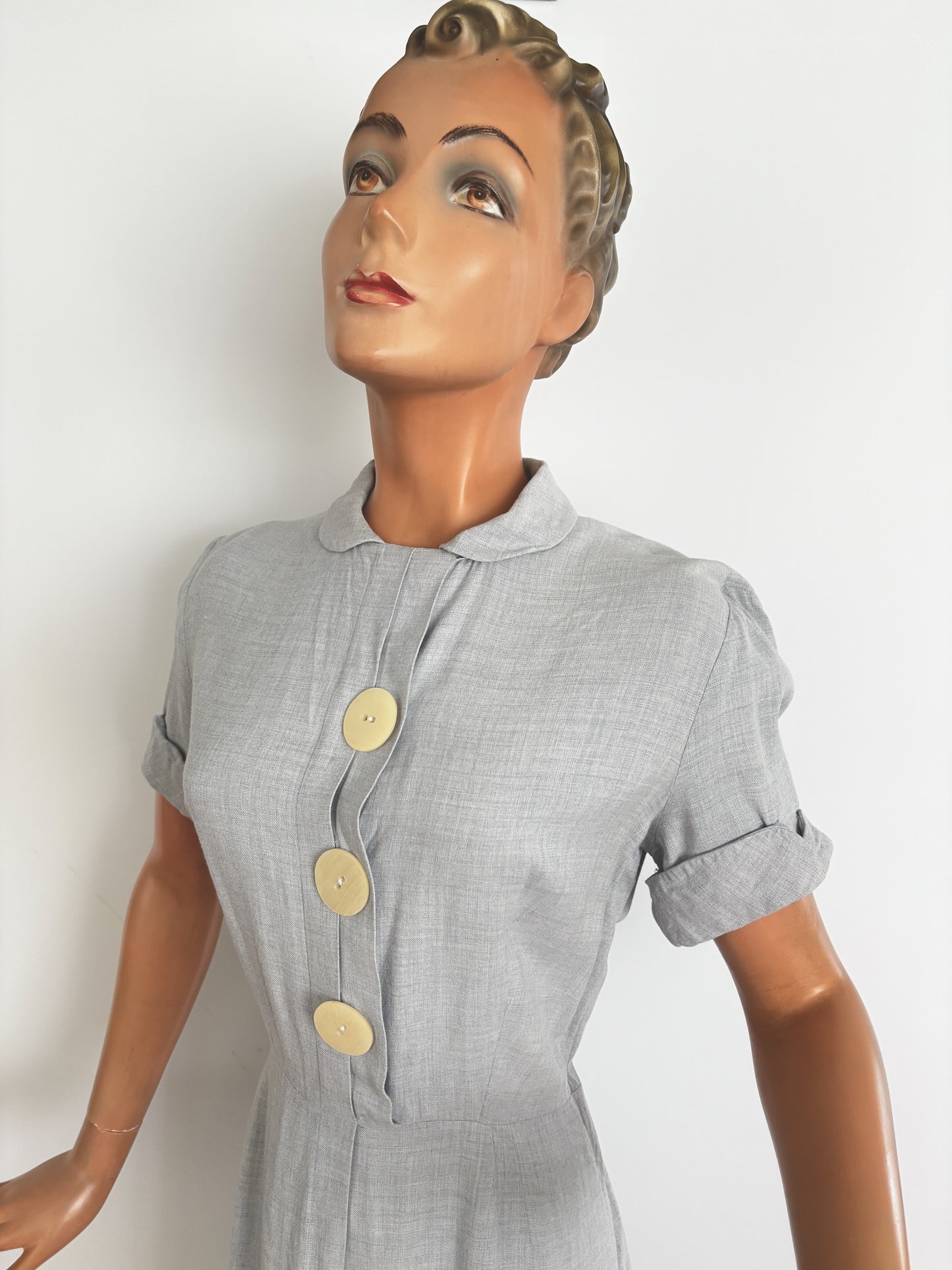 1940s/50s Hobbies Lorch of Dallas Light Blue Grey Wool Day Dress | S/M