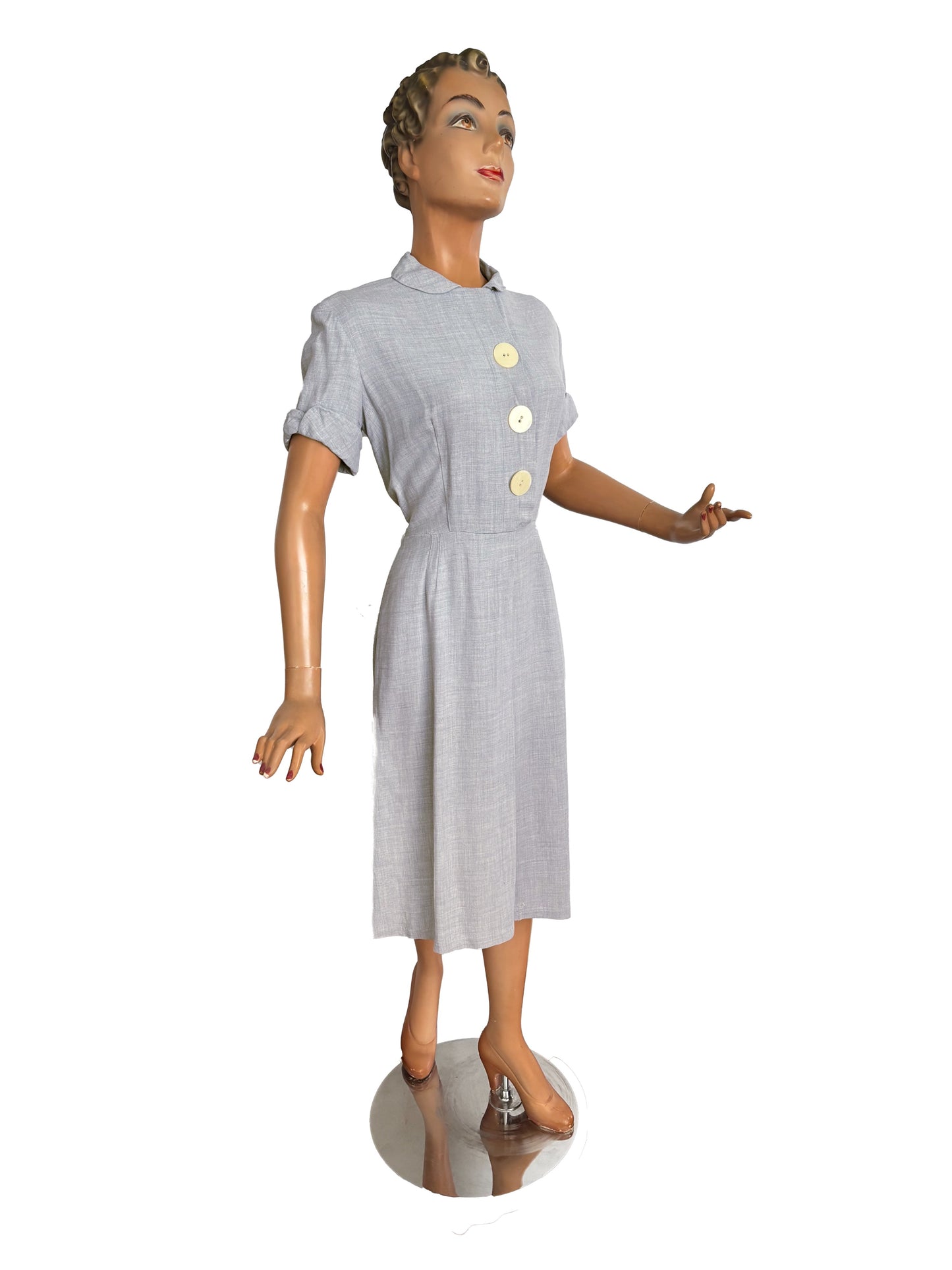 1940s/50s Hobbies Lorch of Dallas Light Blue Grey Wool Day Dress | S/M