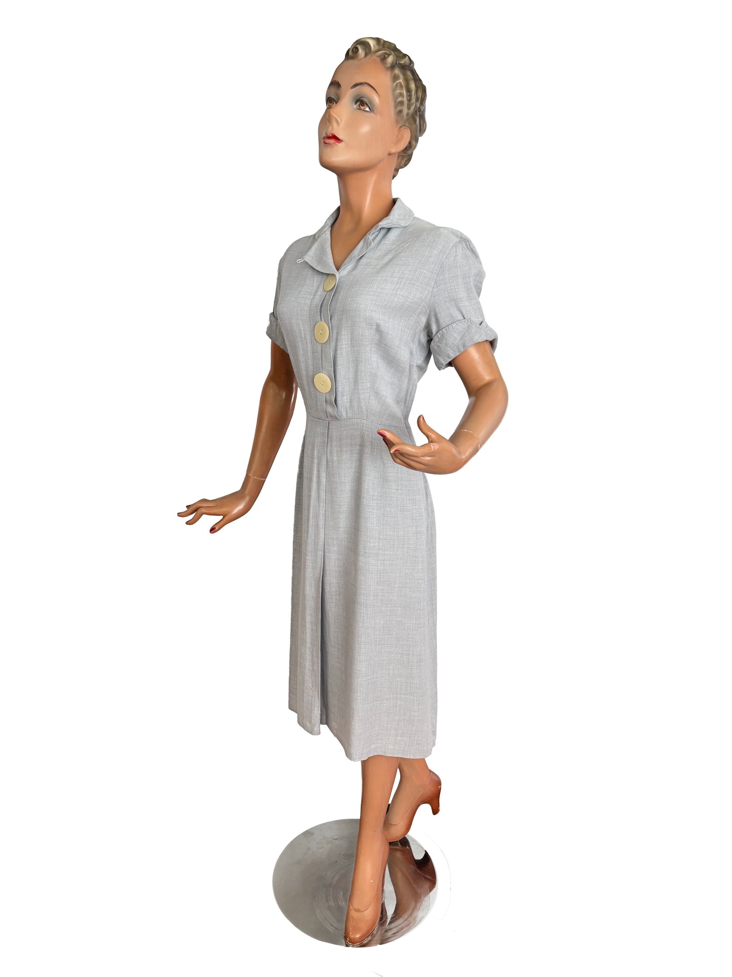 1940s/50s Hobbies Lorch of Dallas Light Blue Grey Wool Day Dress | S/M
