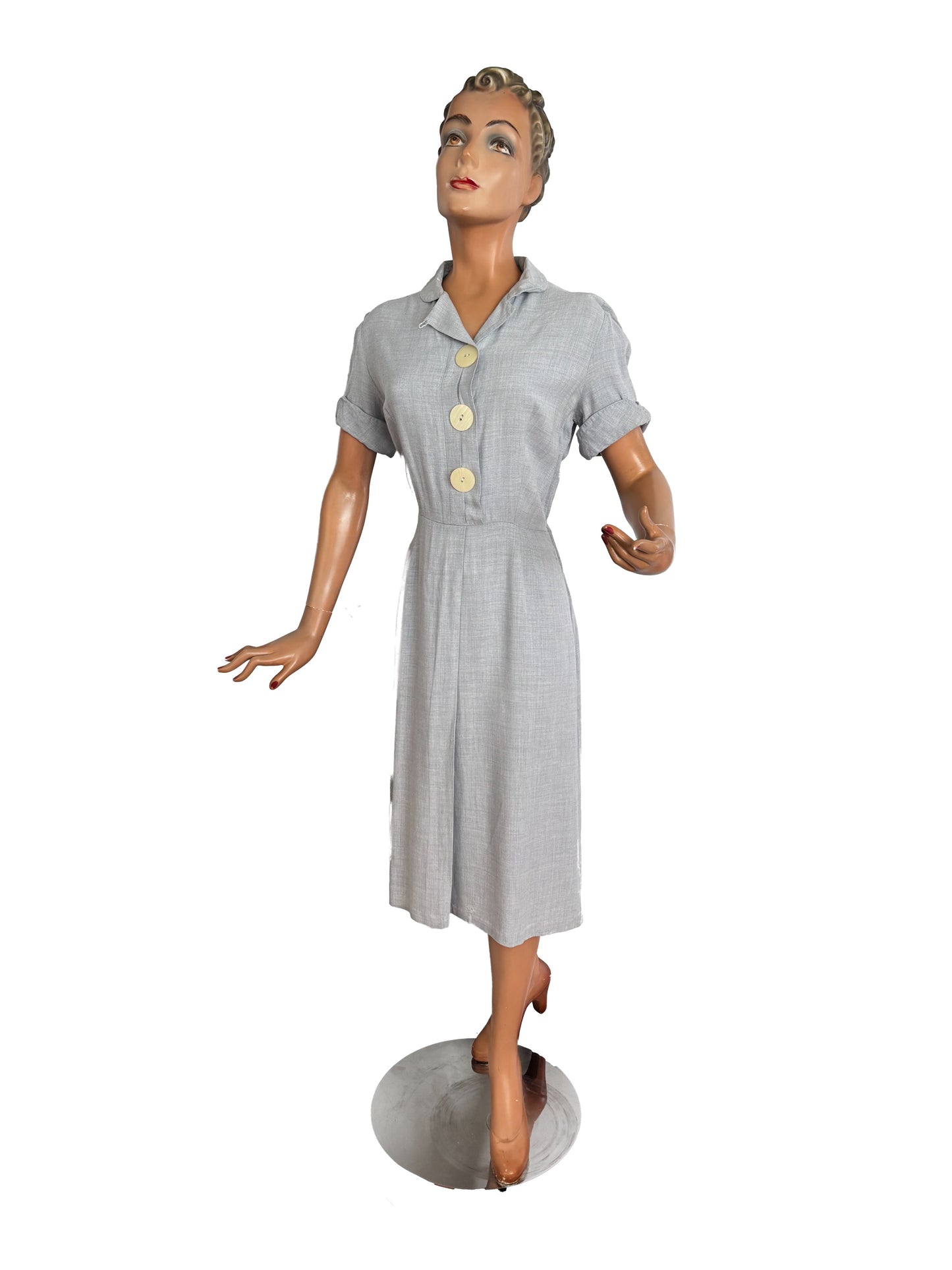 1940s/50s Hobbies Lorch of Dallas Light Blue Grey Wool Day Dress | S/M