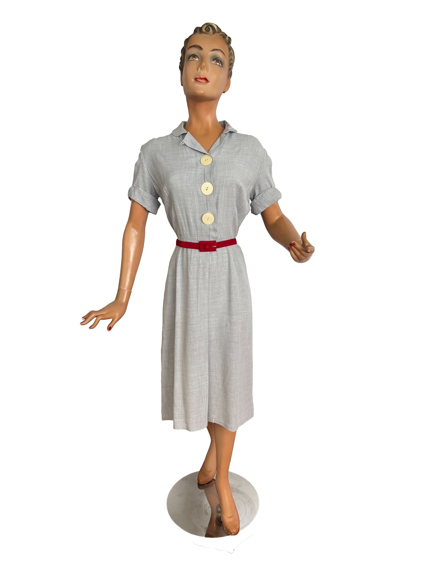 1940s/50s Hobbies Lorch of Dallas Light Blue Grey Wool Day Dress | S/M