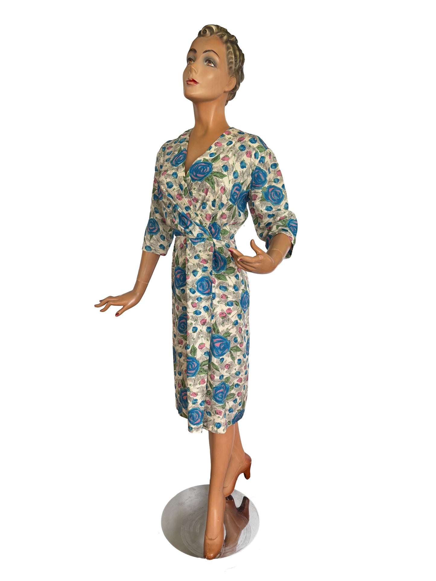 1950s Cream Dress With Blue And Pink Roses by Reba Moden | L/XL