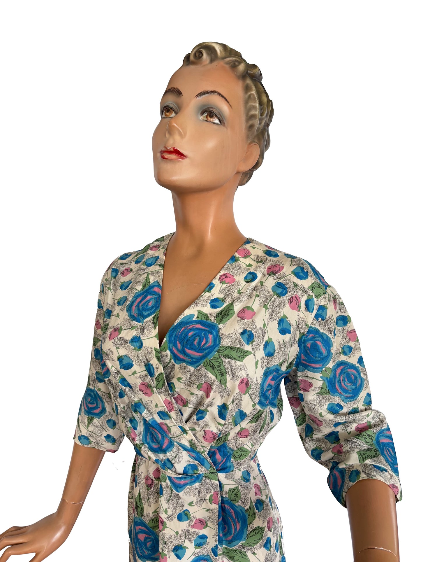 1950s Cream Dress With Blue And Pink Roses by Reba Moden | L/XL