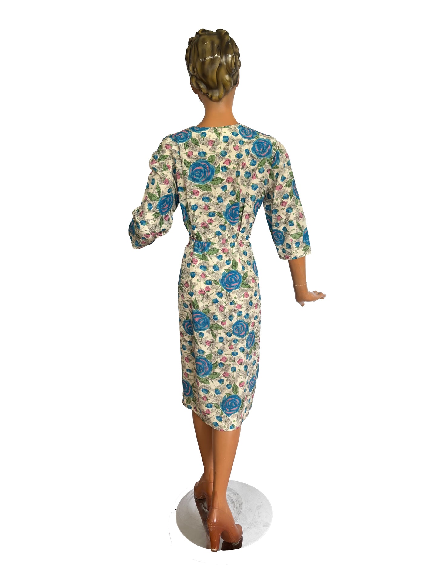 1950s Cream Dress With Blue And Pink Roses by Reba Moden | L/XL