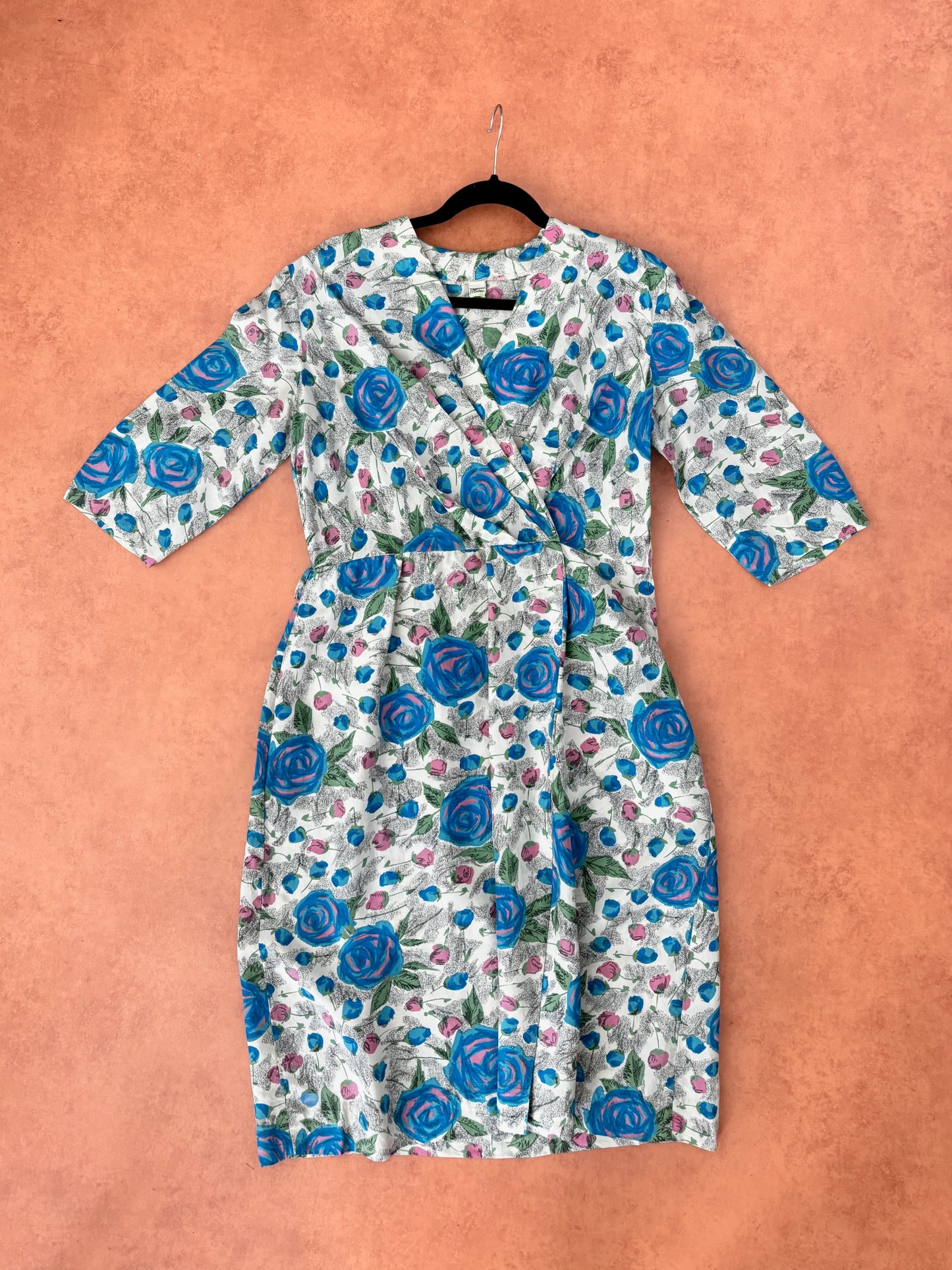 1950s Cream Dress With Blue And Pink Roses by Reba Moden | L/XL