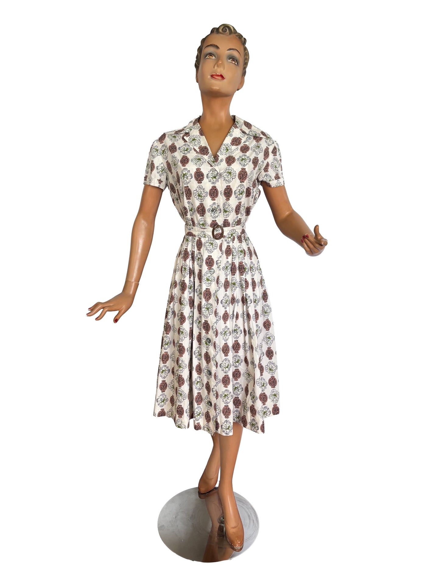 1940s 1950s Novelty Lock Print Button Down Dress w. Matching Belt | M
