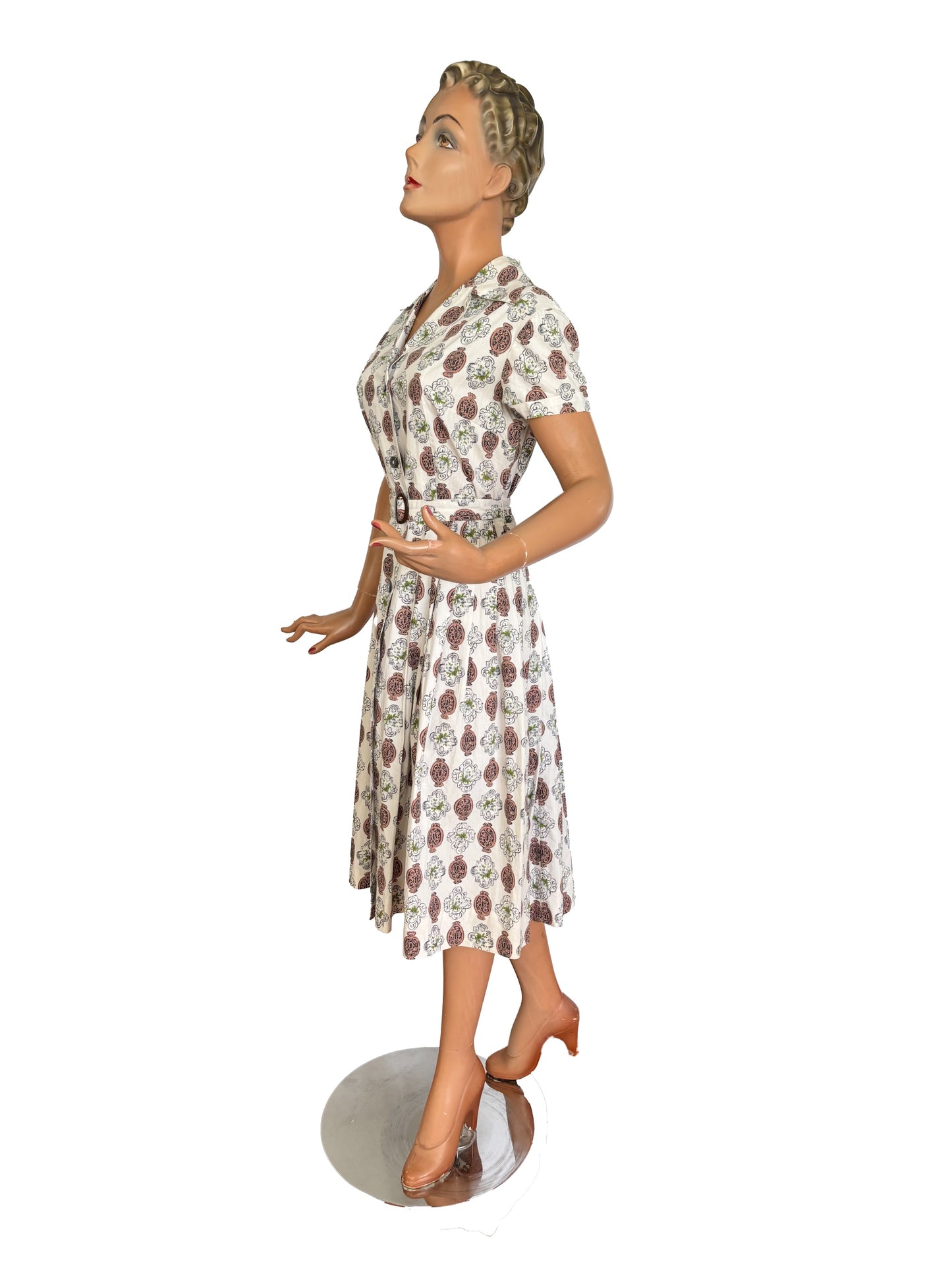 1940s 1950s Novelty Lock Print Button Down Dress w. Matching Belt | M