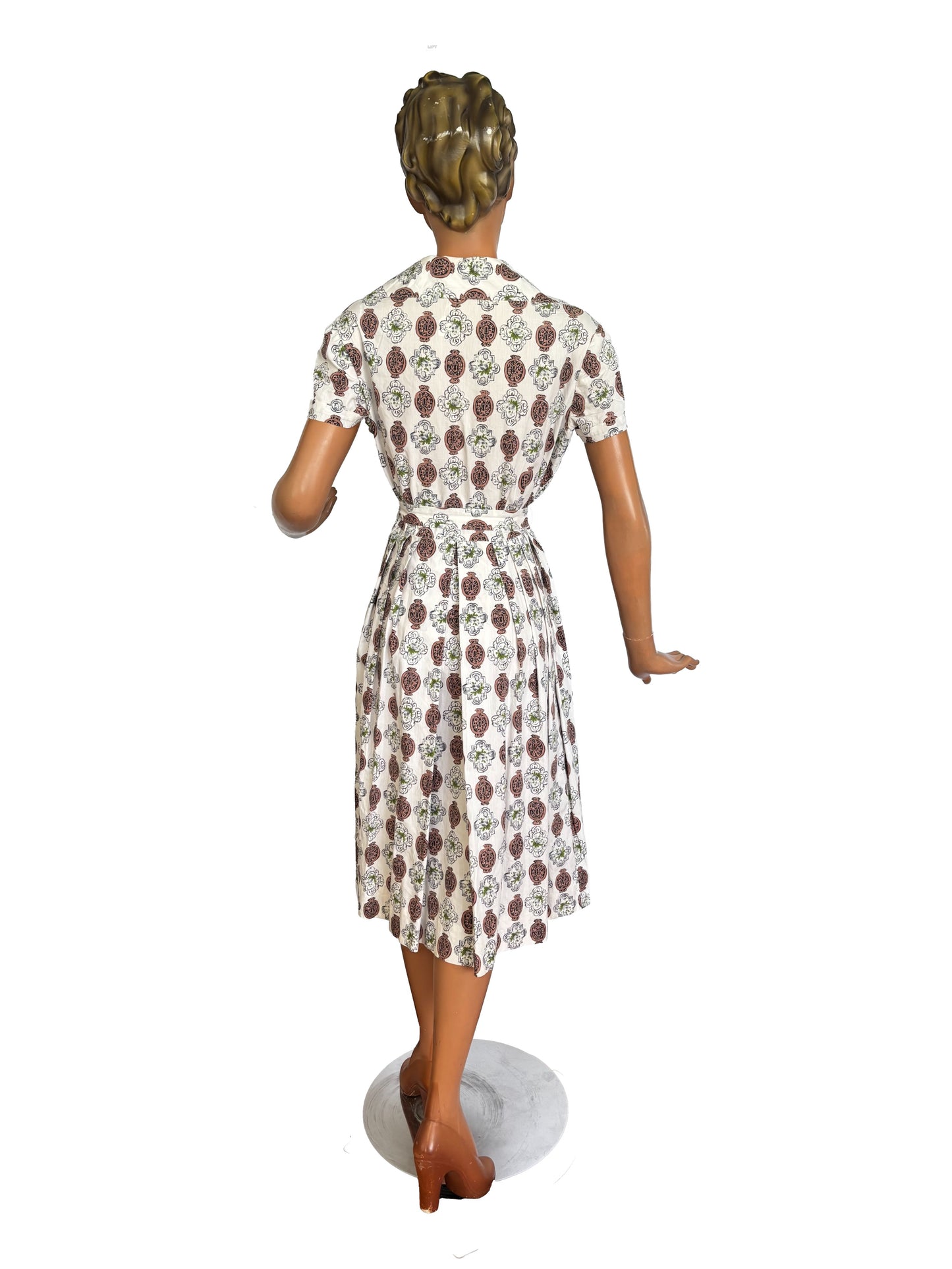 1940s 1950s Novelty Lock Print Button Down Dress w. Matching Belt | M