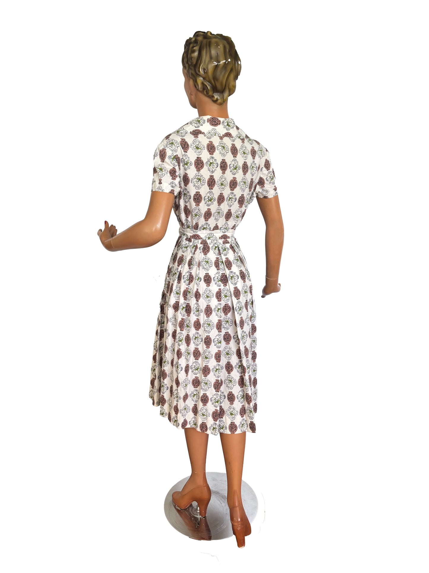 1940s 1950s Novelty Lock Print Button Down Dress w. Matching Belt | M