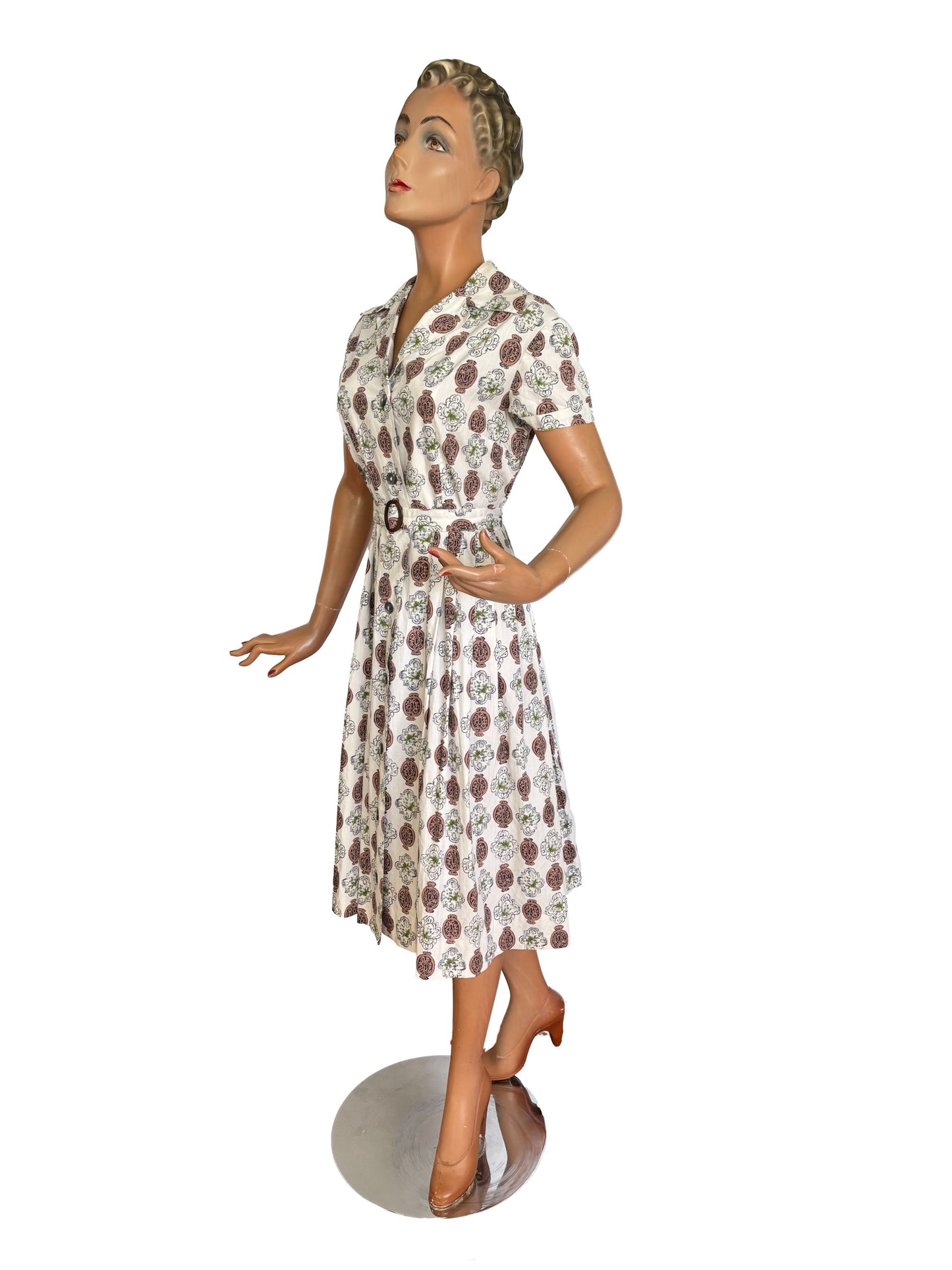 1940s 1950s Novelty Lock Print Button Down Dress w. Matching Belt | M
