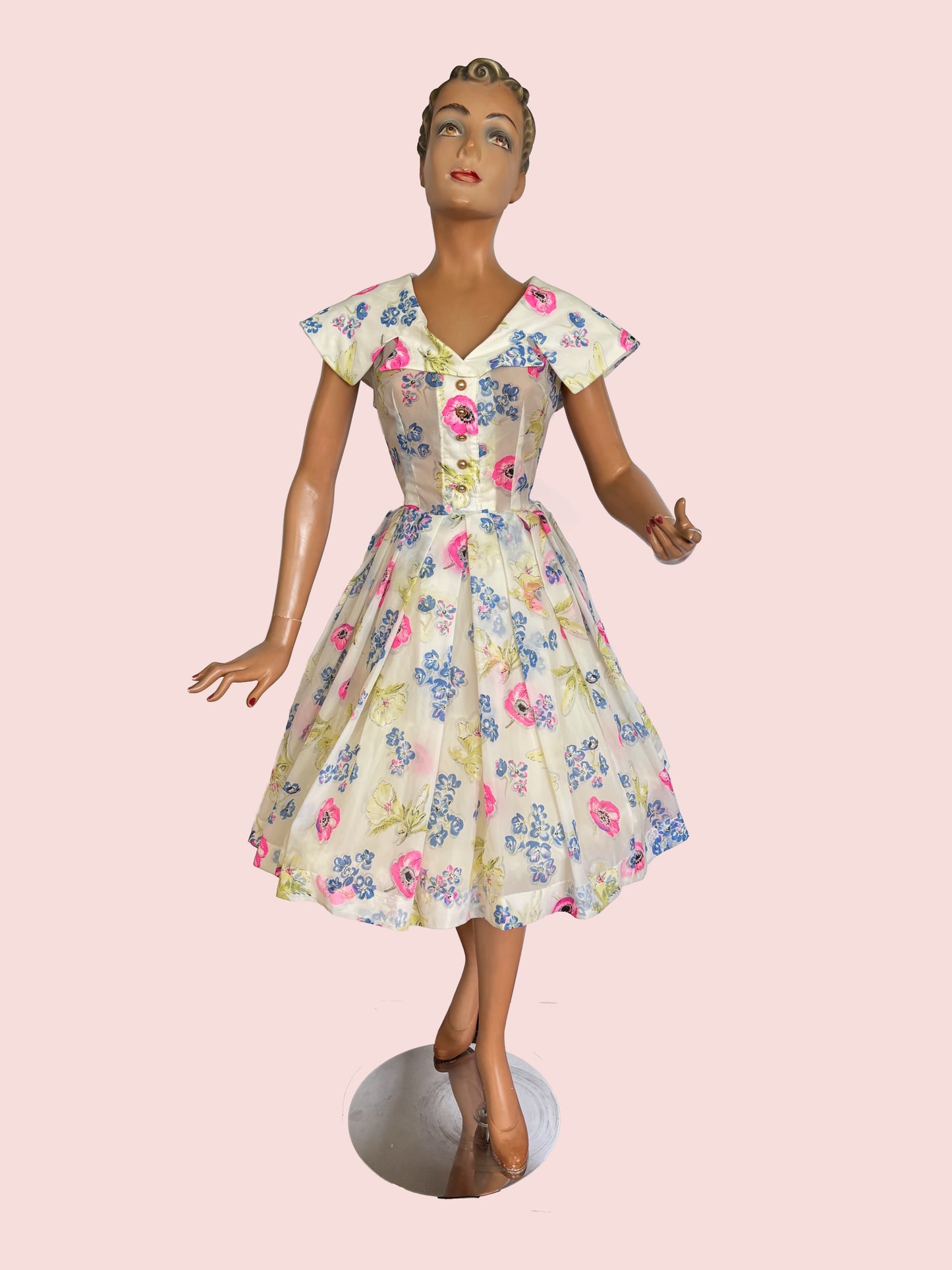 1950s White Floral Semi Sheer Chiffon Dress | M