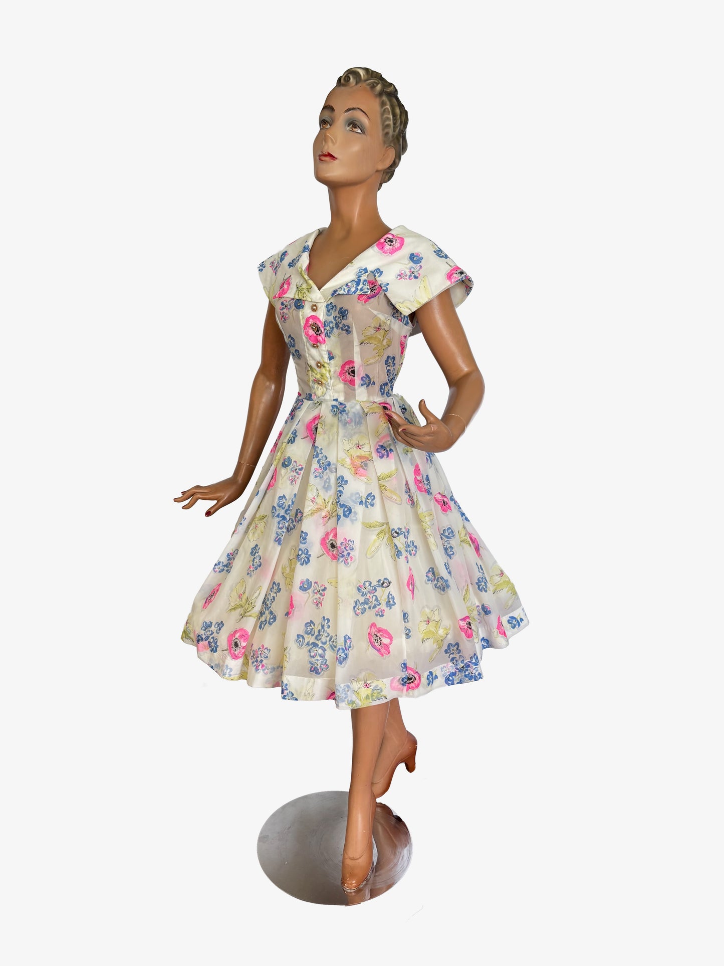 1950s White Floral Semi Sheer Chiffon Dress | M