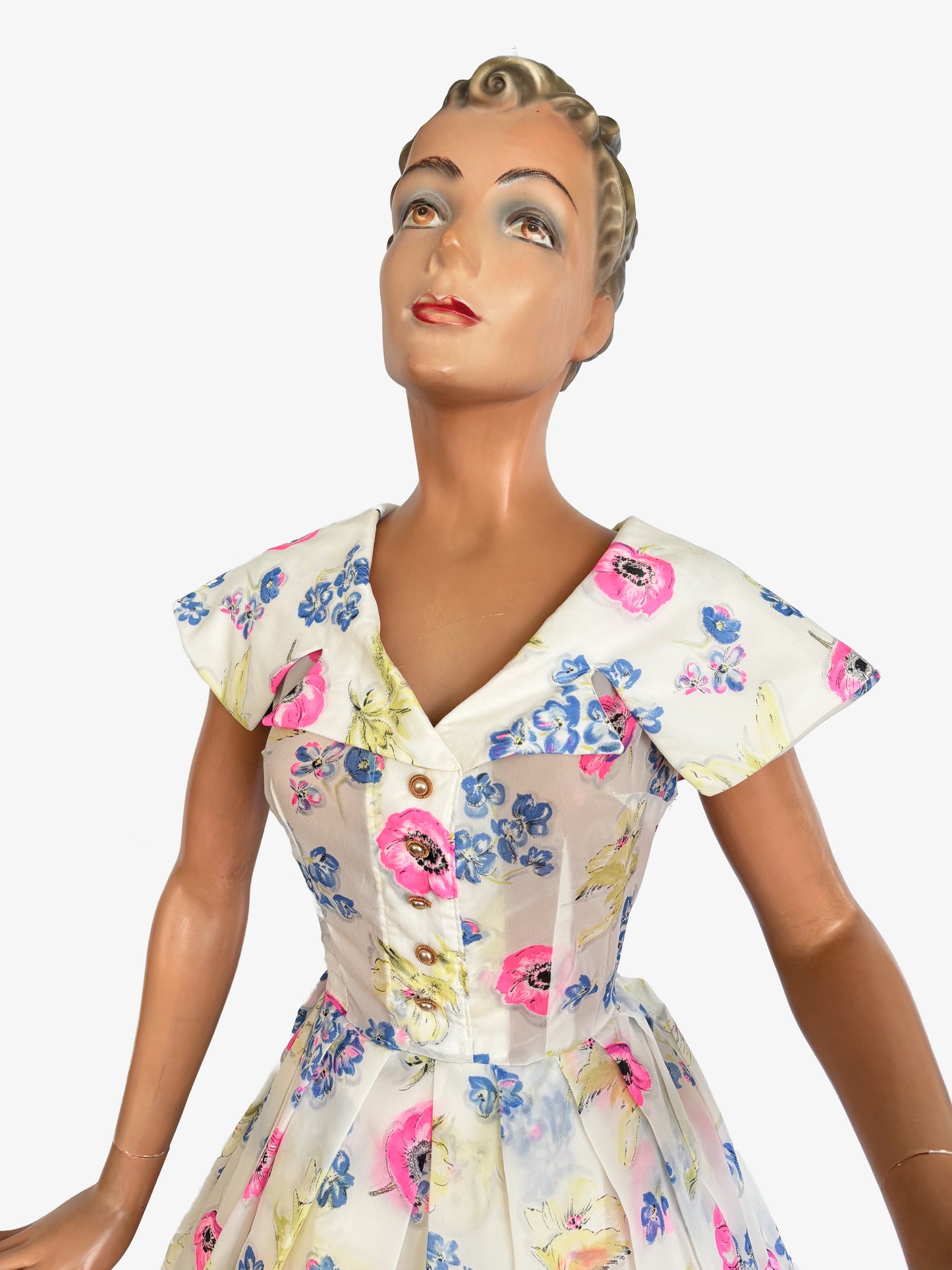 1950s White Floral Semi Sheer Chiffon Dress | M