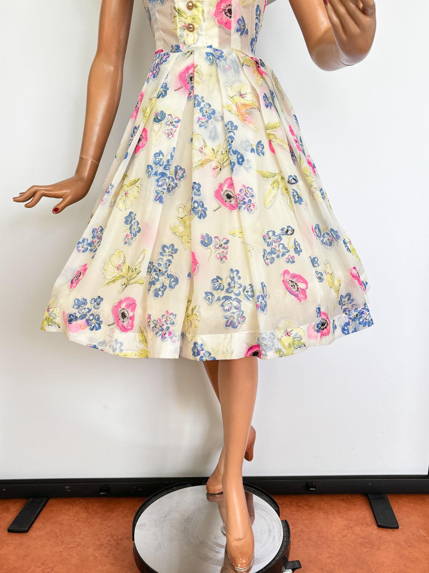 1950s White Floral Semi Sheer Chiffon Dress | M