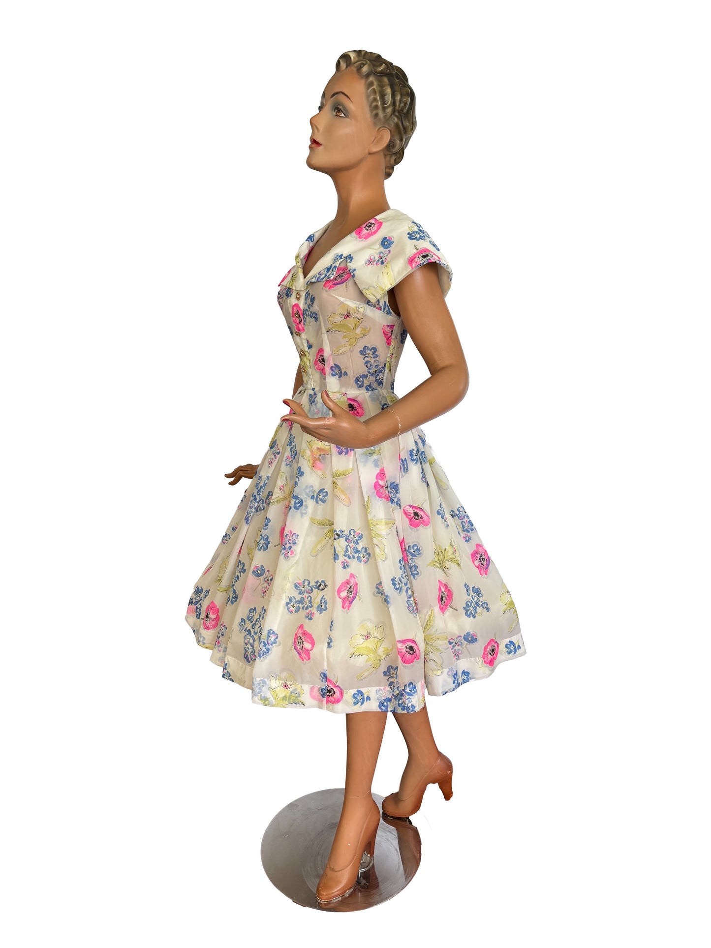 1950s White Floral Semi Sheer Chiffon Dress | M