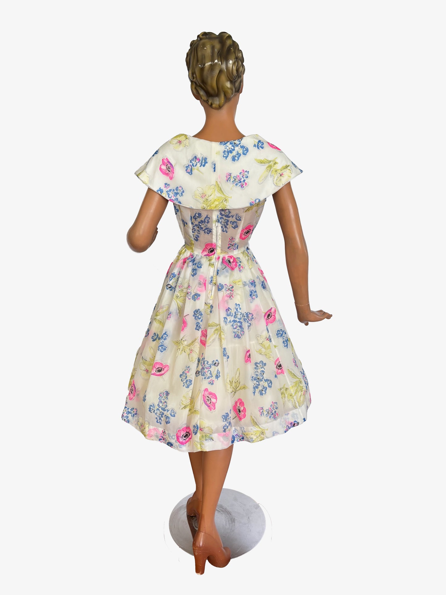 1950s White Floral Semi Sheer Chiffon Dress | M