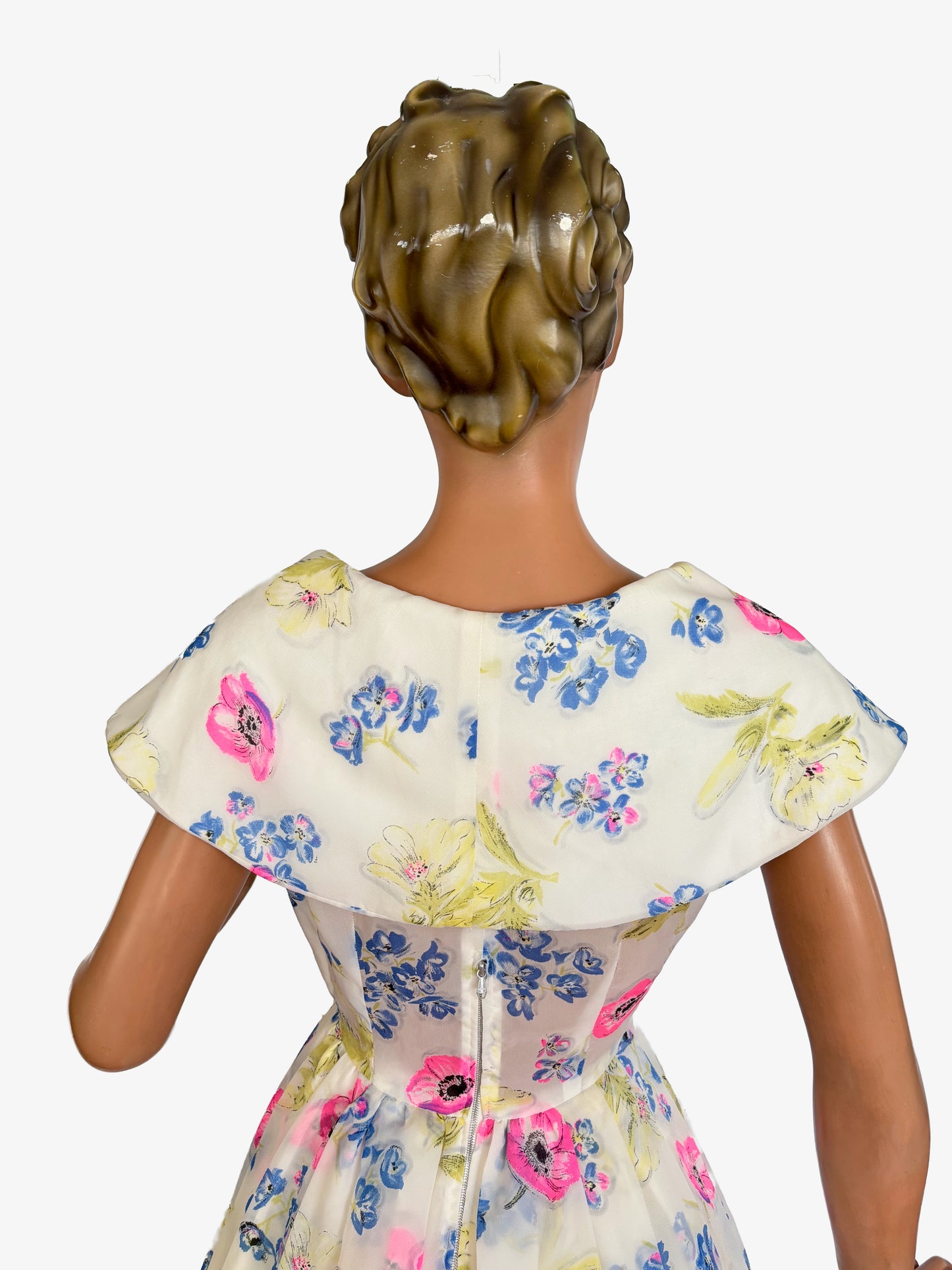 1950s White Floral Semi Sheer Chiffon Dress | M