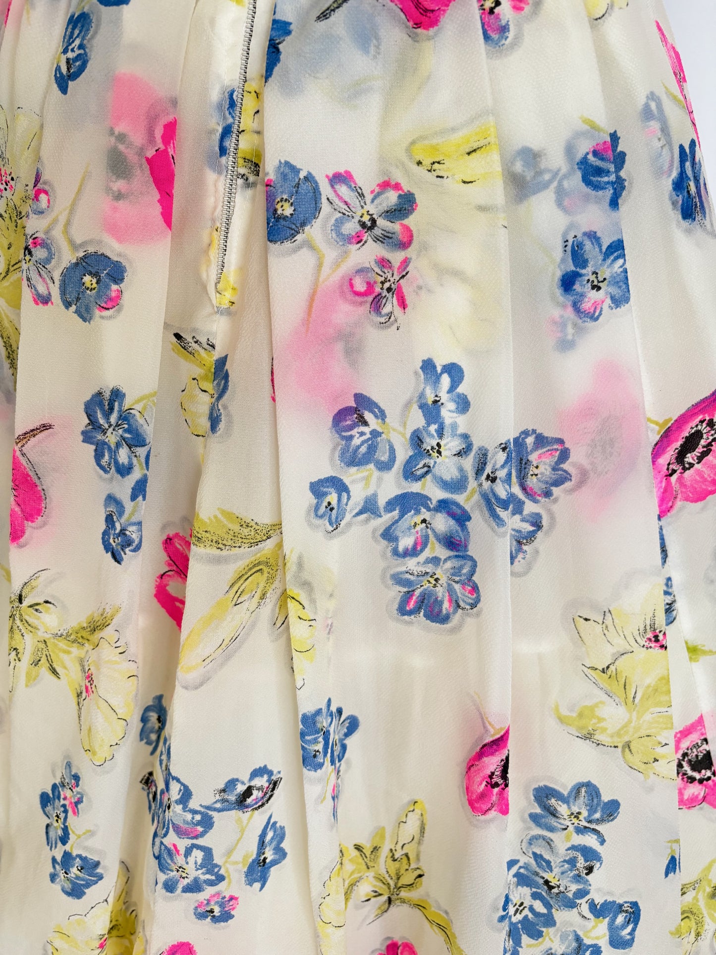 1950s White Floral Semi Sheer Chiffon Dress | M