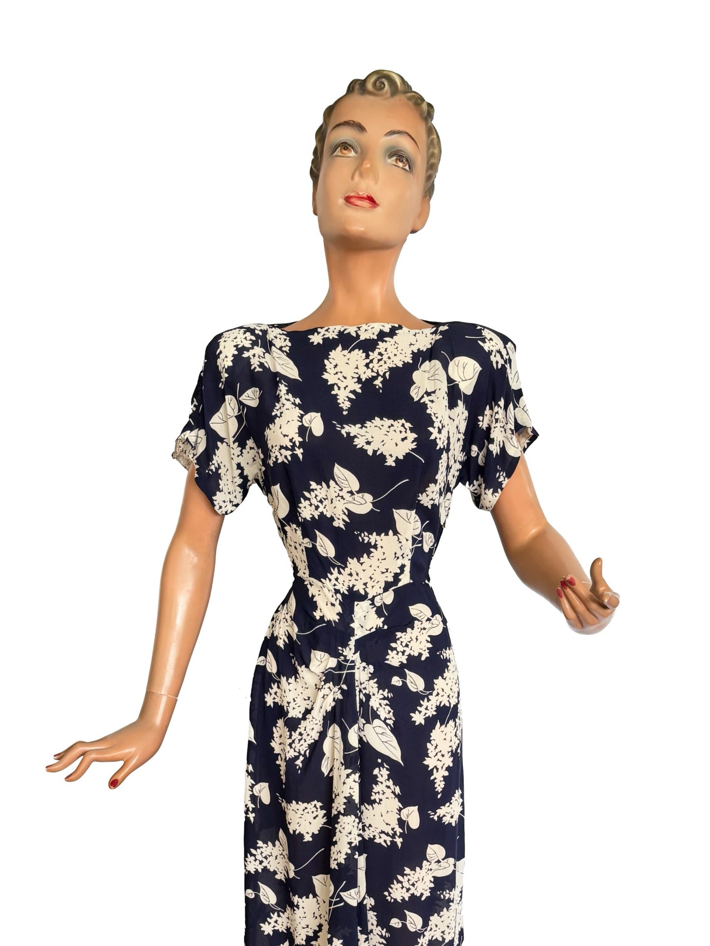 1940s Midnight Blue Crepe Rayon Dress | XS/S