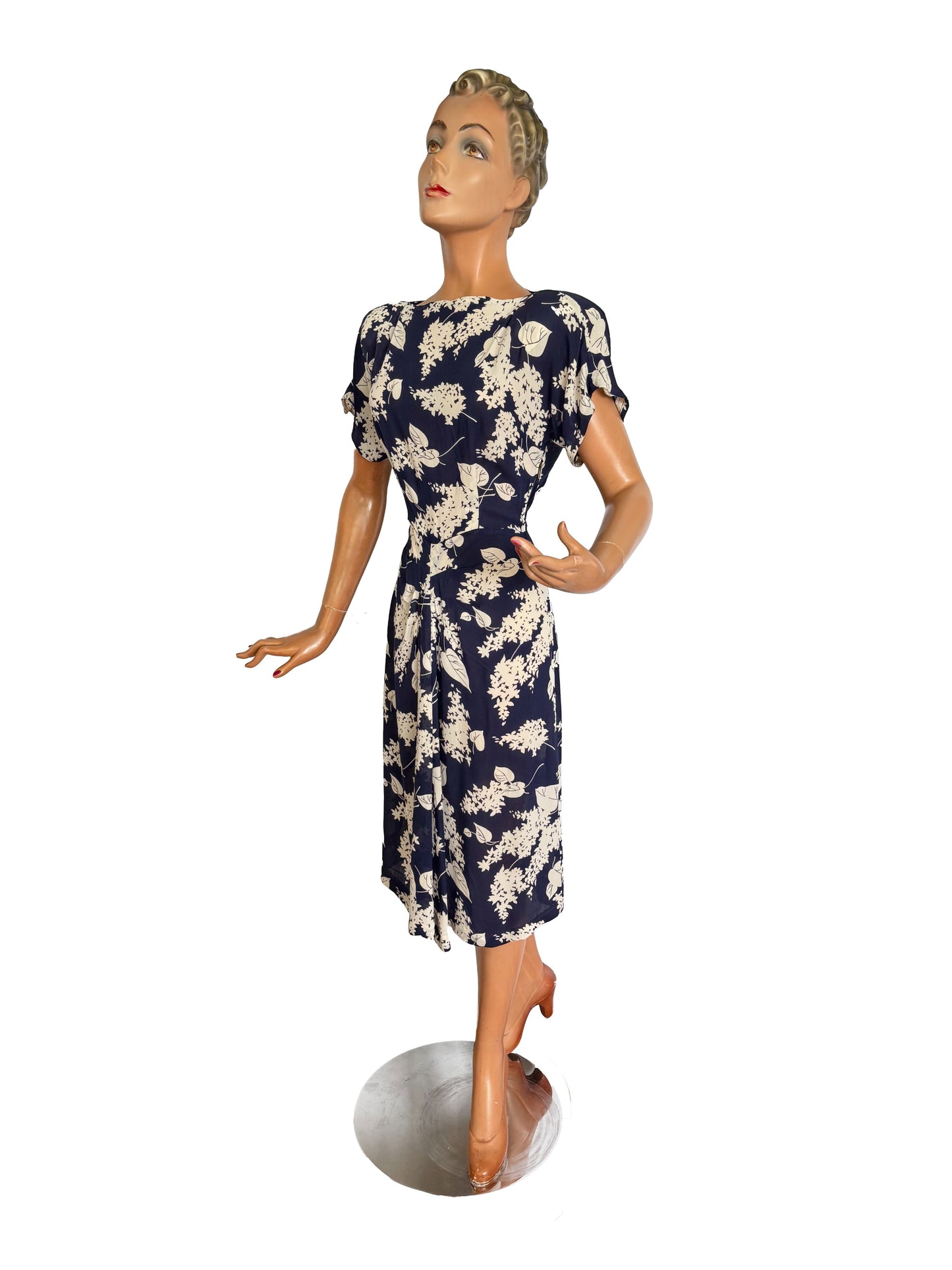 1940s Midnight Blue Crepe Rayon Dress | XS/S