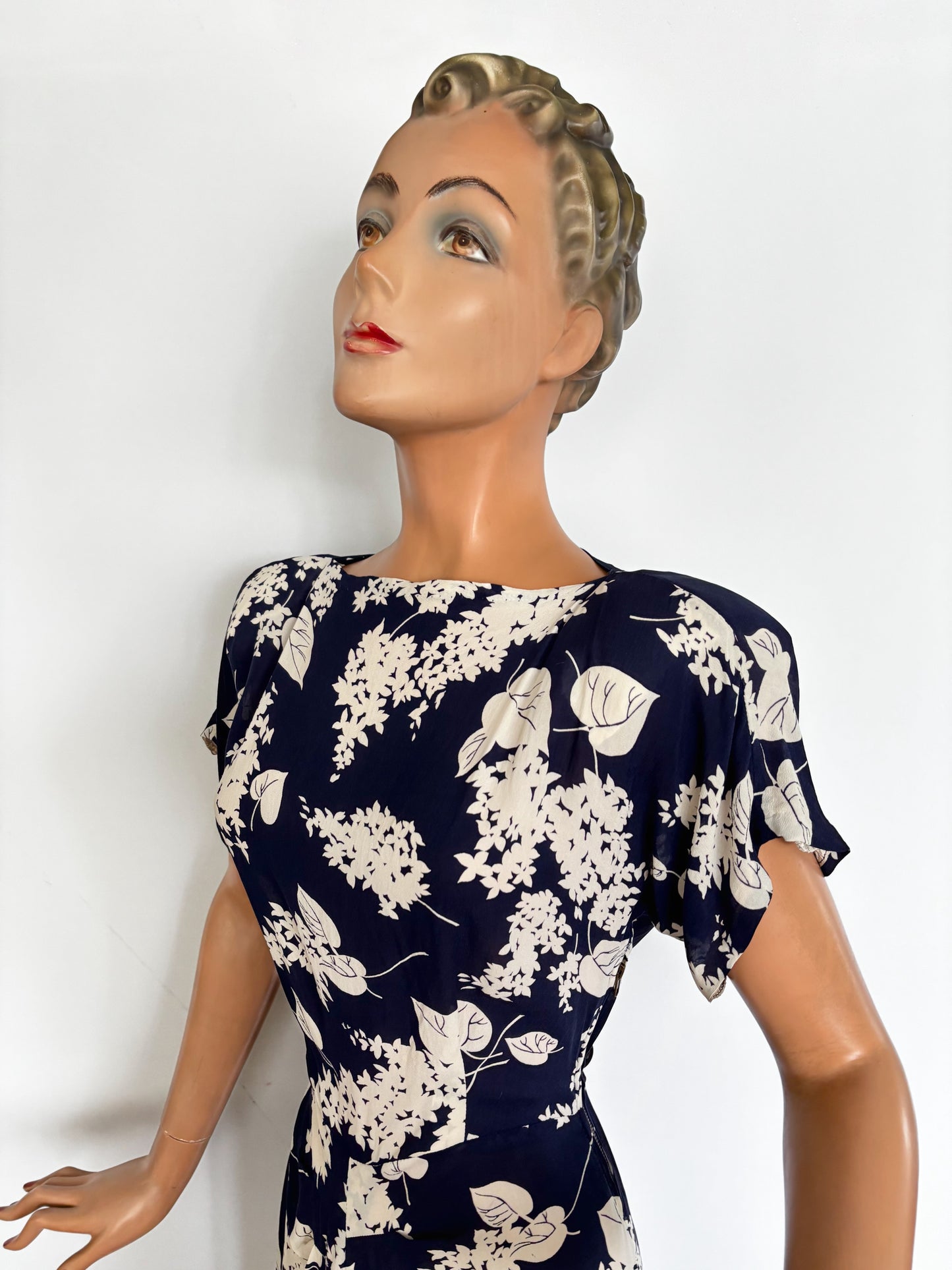 1940s Midnight Blue Crepe Rayon Dress | XS/S
