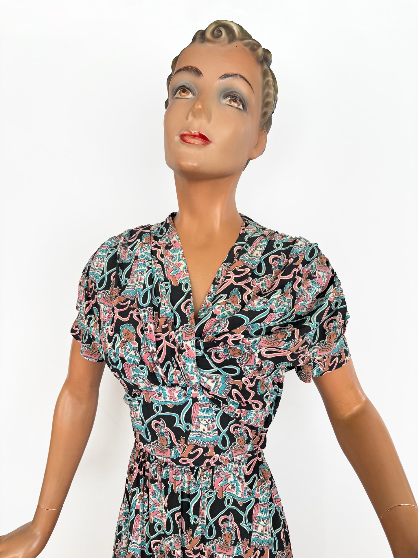 1940s Max Kopp Rayon California Novelty Print Dress | Size XS