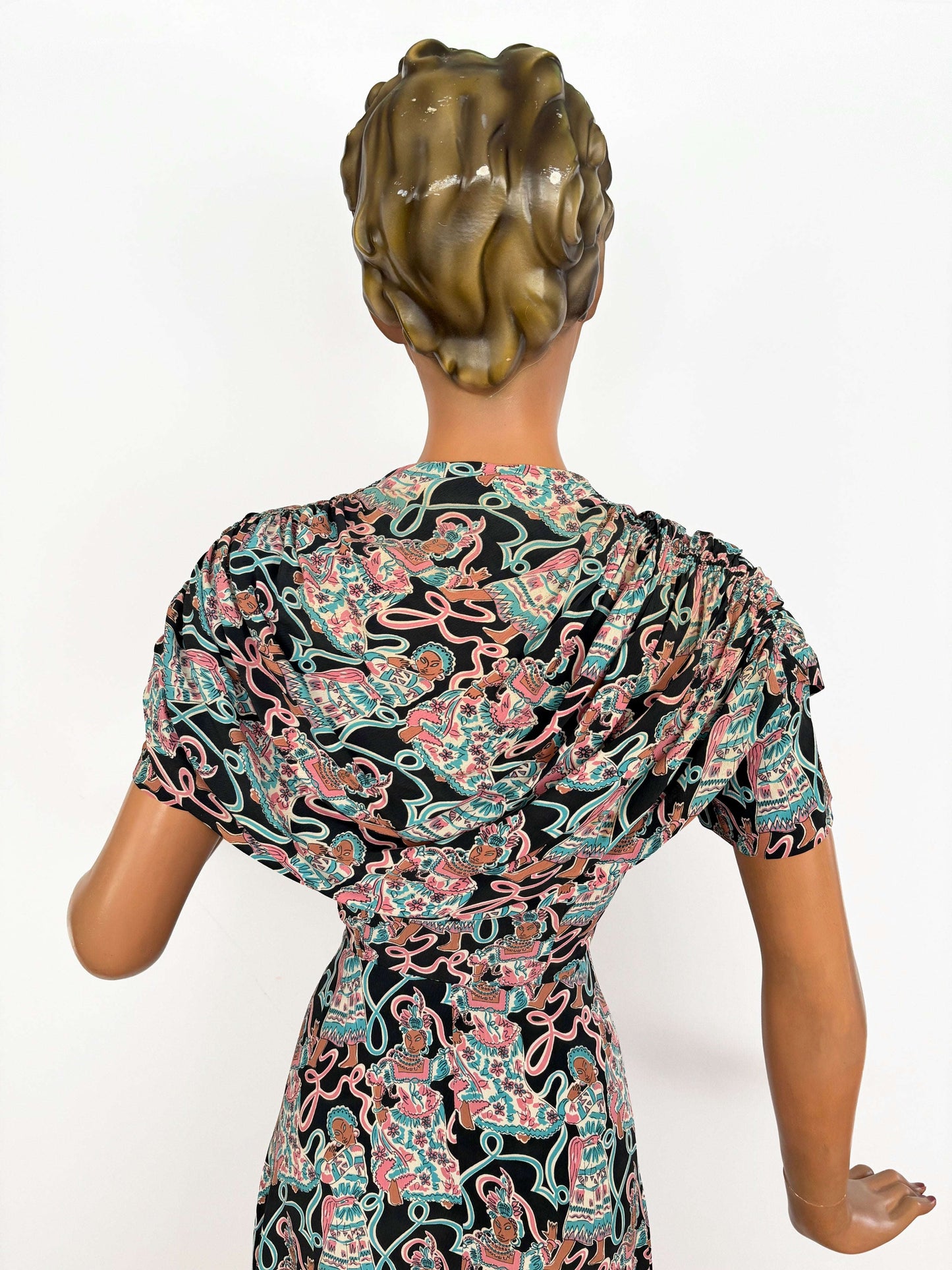 XS | 1940s Max Kopp Rayon California Novelty Print Dress Lily Scarlet
