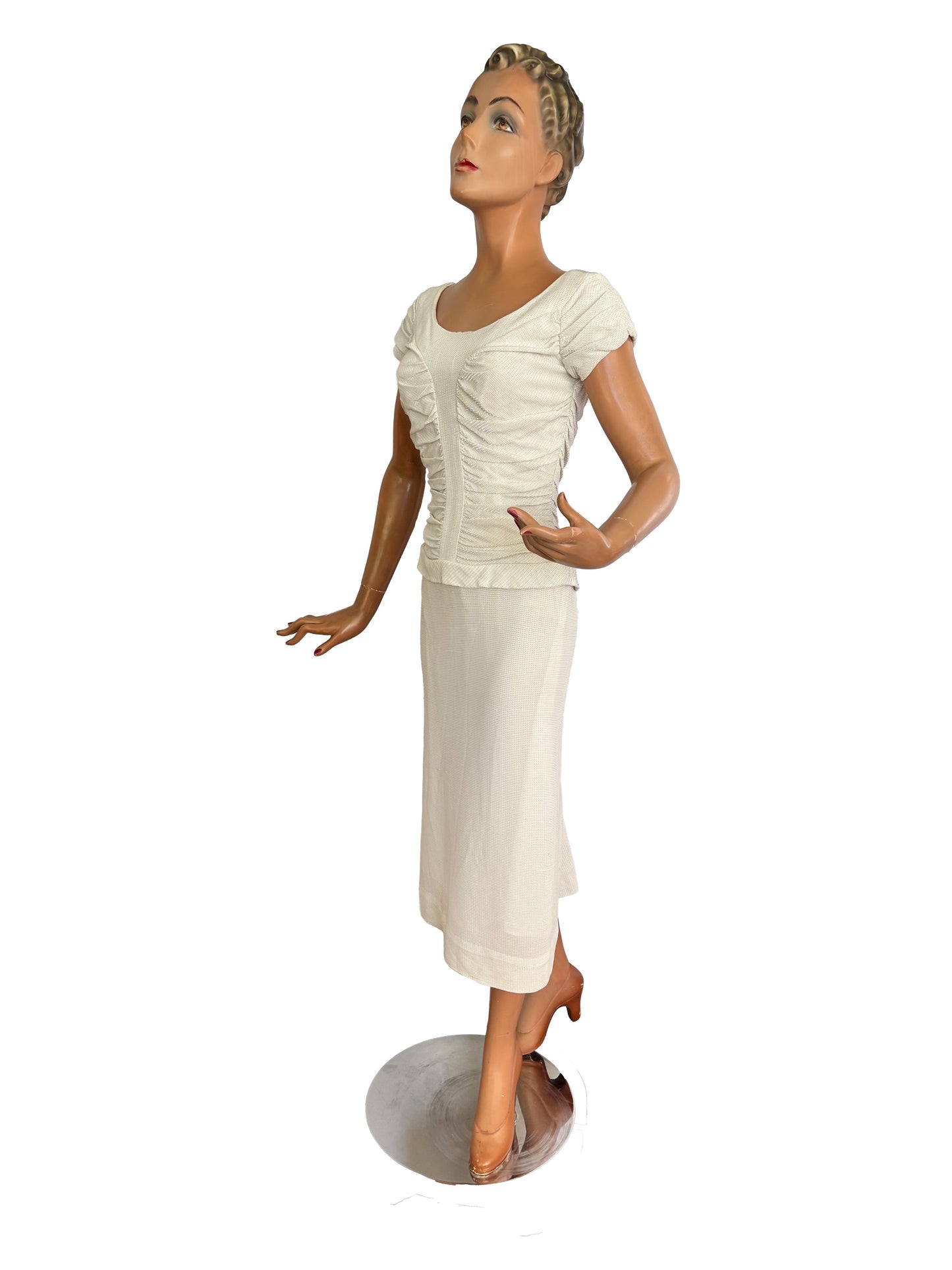 1950s Winnie Marsh Off-White Wiggle Dress With Silver Lurex | XS