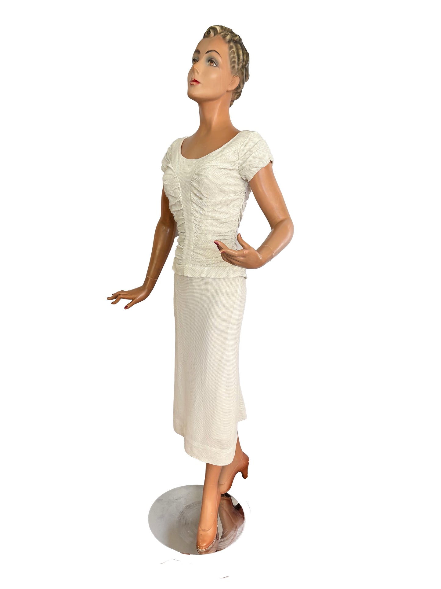 1950s Winnie Marsh Off-White Wiggle Dress With Silver Lurex | XS