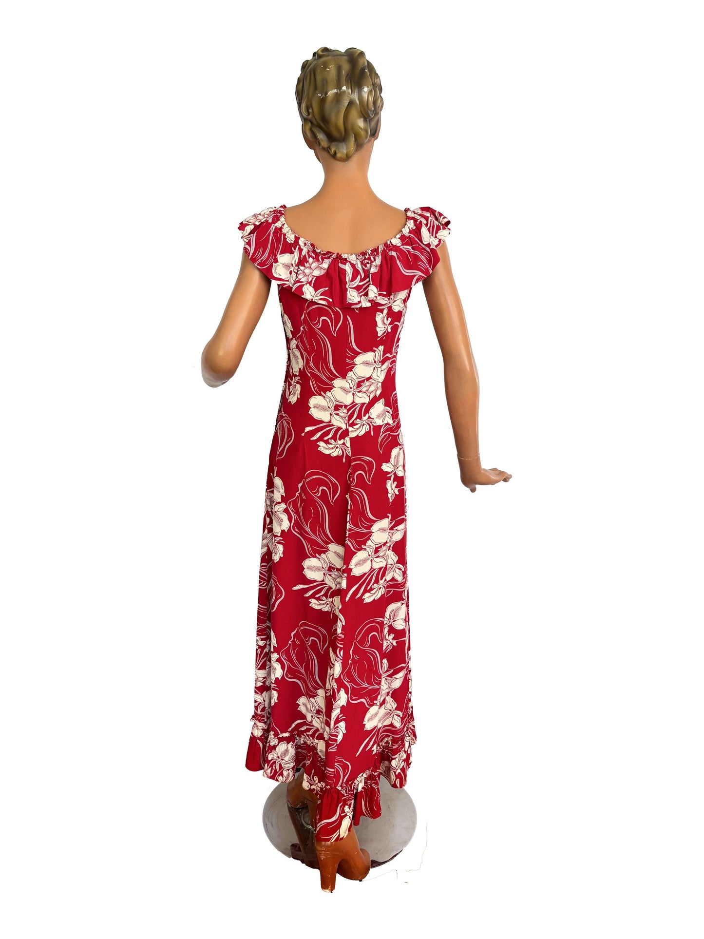 XS/S | 1940s Hawaiian Casuals Cold Rayon Dress With Ruching Lily Scarlet