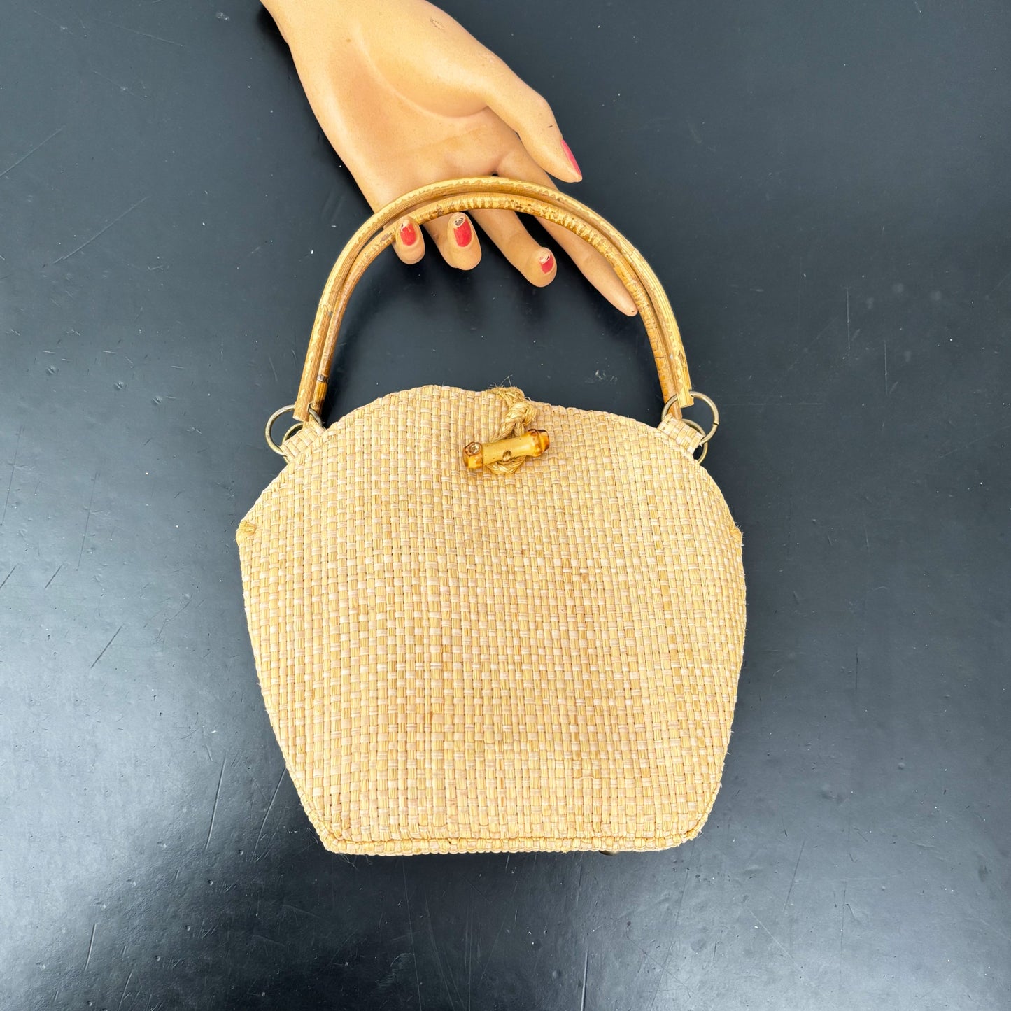 1950s Woven Straw Handbag with Bamboo Handles and Teddy Print Lining