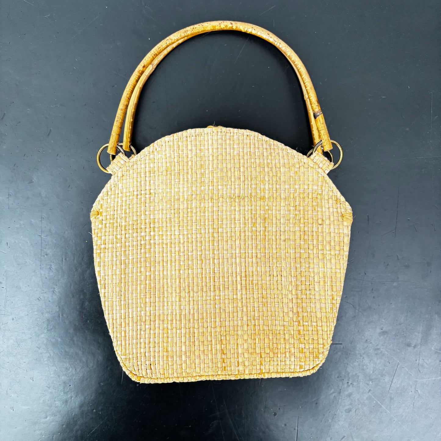 1950s Woven Straw Handbag with Bamboo Handles and Teddy Print Lining