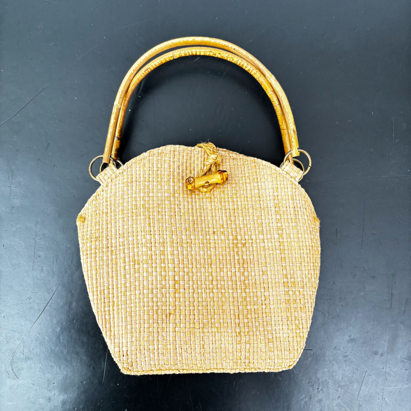 1950s Woven Straw Handbag with Bamboo Handles and Teddy Print Lining