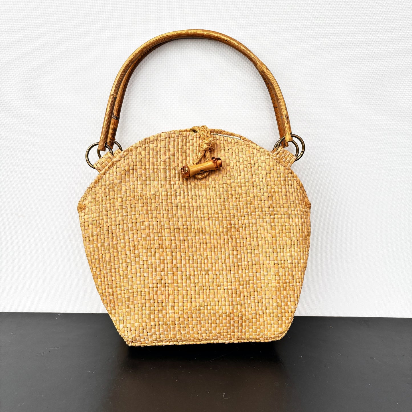 1950s Woven Straw Handbag with Bamboo Handles and Teddy Print Lining