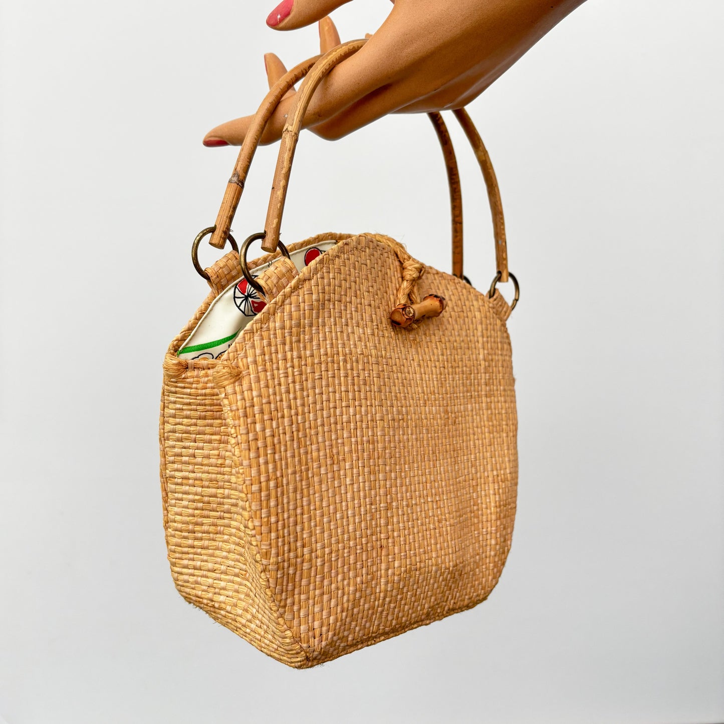 1950s Woven Straw Handbag with Bamboo Handles and Teddy Print Lining