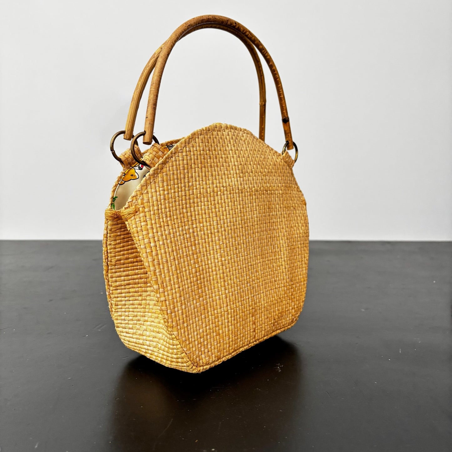 1950s Woven Straw Handbag with Bamboo Handles and Teddy Print Lining