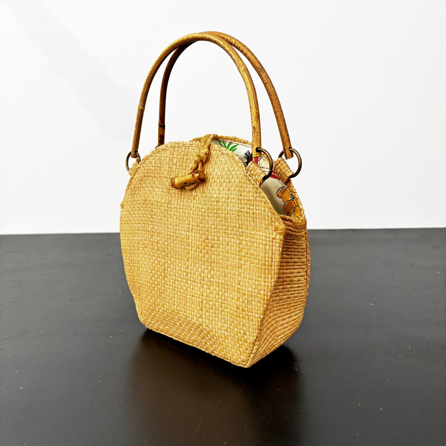 1950s Woven Straw Handbag with Bamboo Handles and Teddy Print Lining