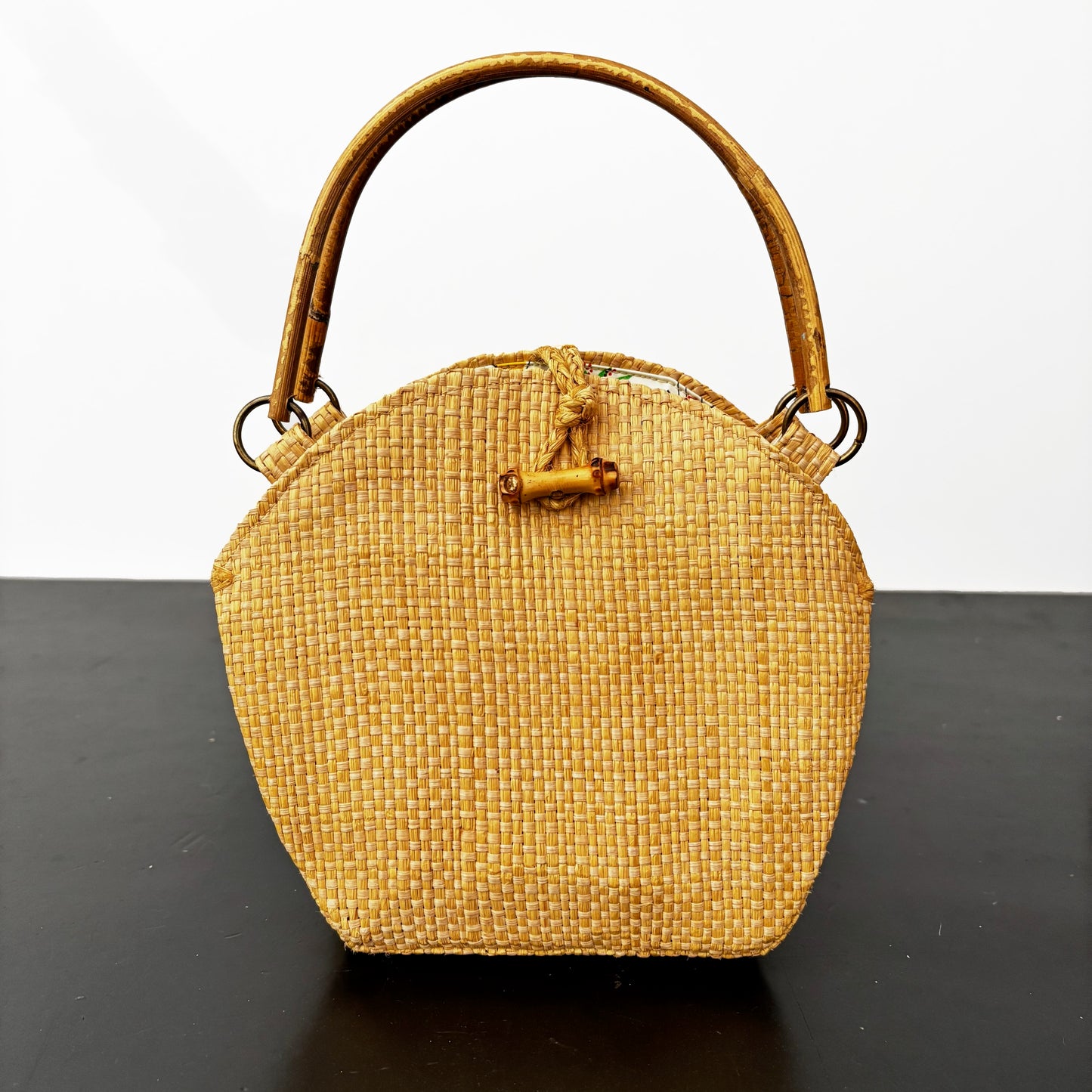 1950s Woven Straw Handbag with Bamboo Handles and Teddy Print Lining