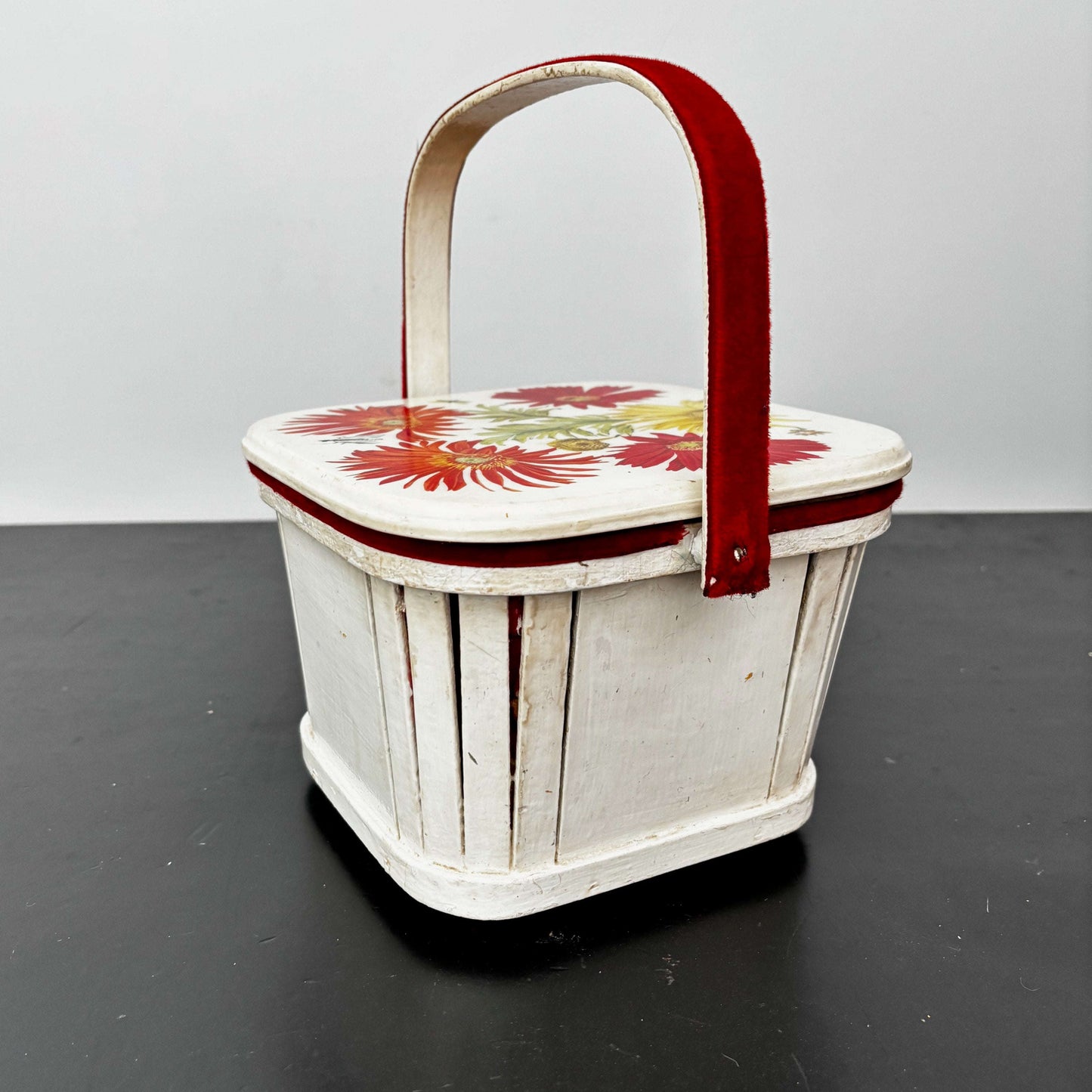 1960s White Wooden Picnic Basket with Floral Lid and Velvet Handle Lily Scarlet