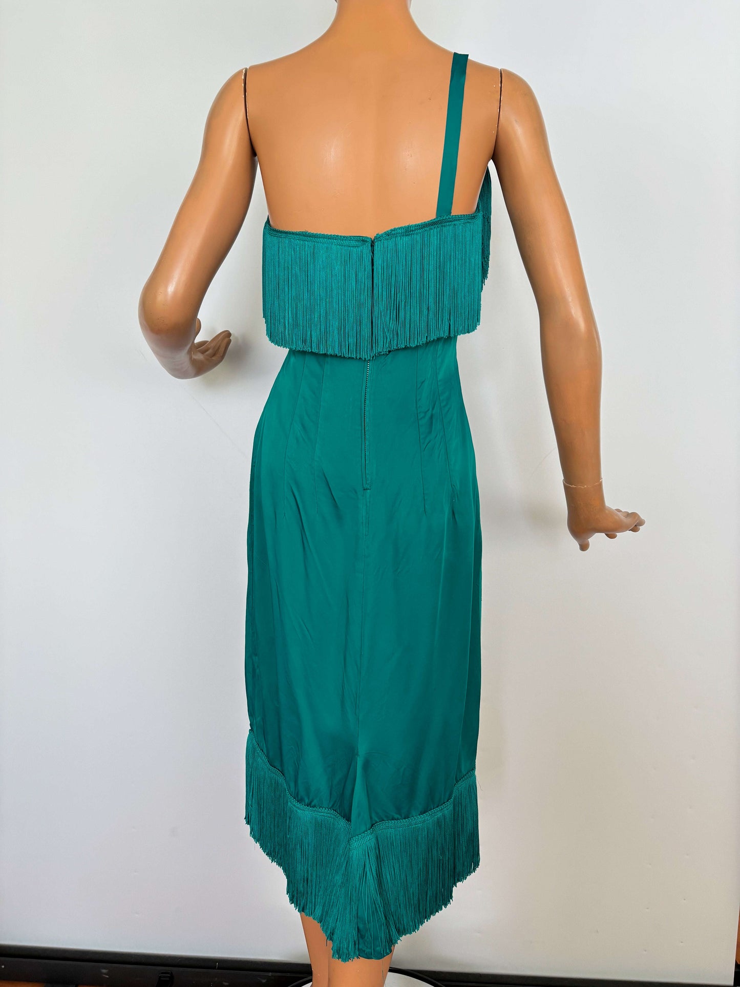 XS | 1950s/60s Petrol Satin Fringe Cocktail Dress Lily Scarlet