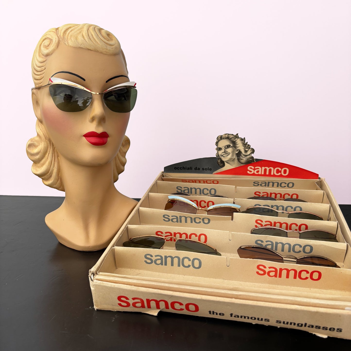 1950s Samco Gold Metal Cat Eye Sunglasses with Red and White Trim